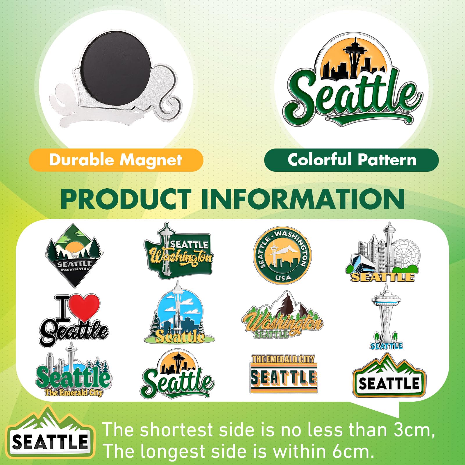 Konohan 12 imanes magnéticos de Seattle para nevera, de metal, Washington, recuerdos de Seattle, regalos del estado de Estados Unidos, calcomanías magnéticas para refrigerador, aguja espacial