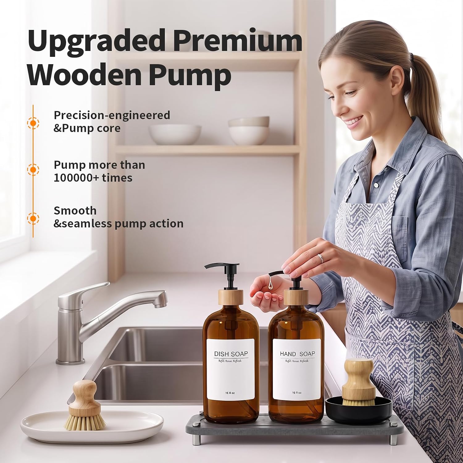 Kitchen Soap Dispenser Set 16oz,2 Pack Amber Glass Bottle with Bamboo Pumps