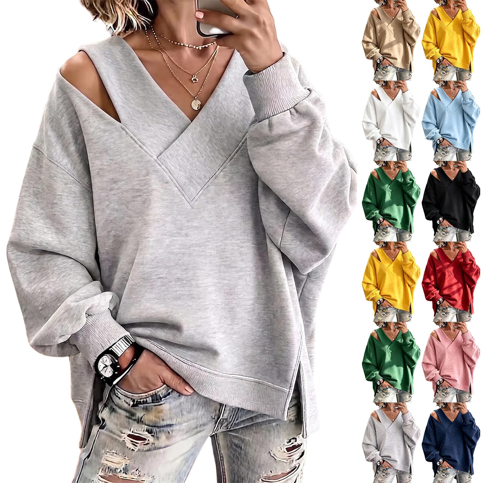 Womens Off Shoulder Sweatshirt V Neck Side Slit