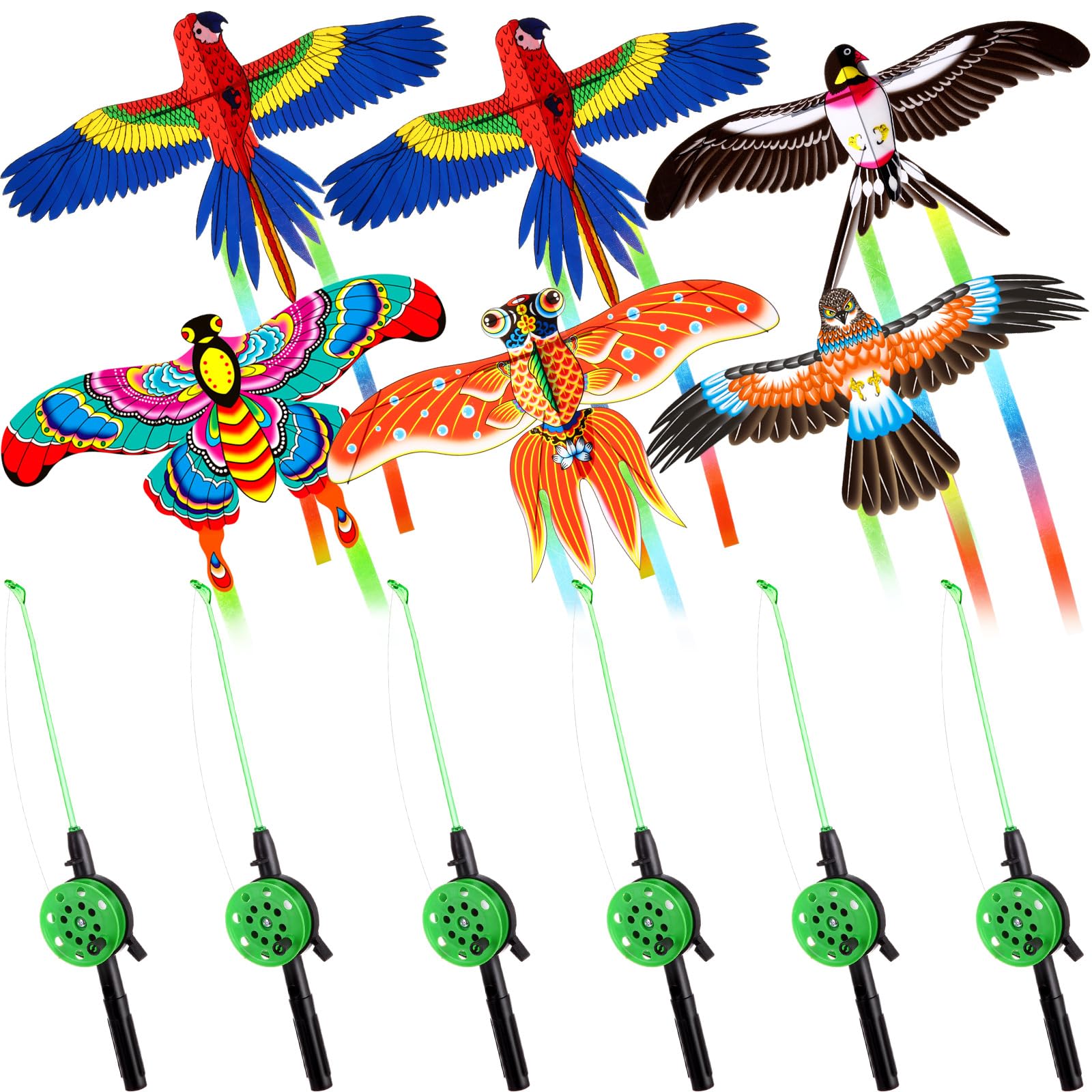Simgoing 6 Pcs Large Fishing Rod Kite for Kid Adults, 23.62 Inch Vivid Butterfly Kite Bulk, Easy to Fly, Swallow Parrot Goldfish Phoenix Kites for