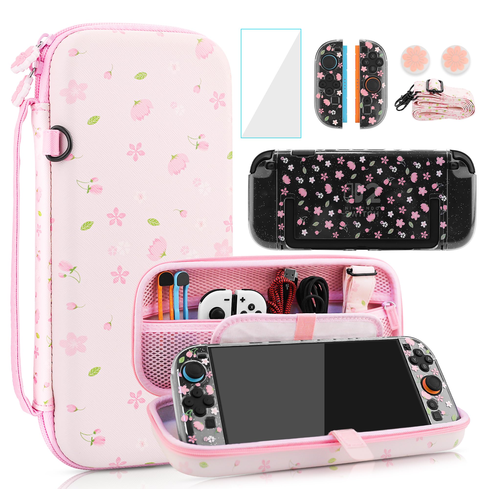 FANPL Custodia da trasporto carina per Nintendo Switch 2, kit di accessori per interruttore rosa con custodia rigida da viaggio con motivo floreale, cover Sakura glitterata, cinturino regolabile