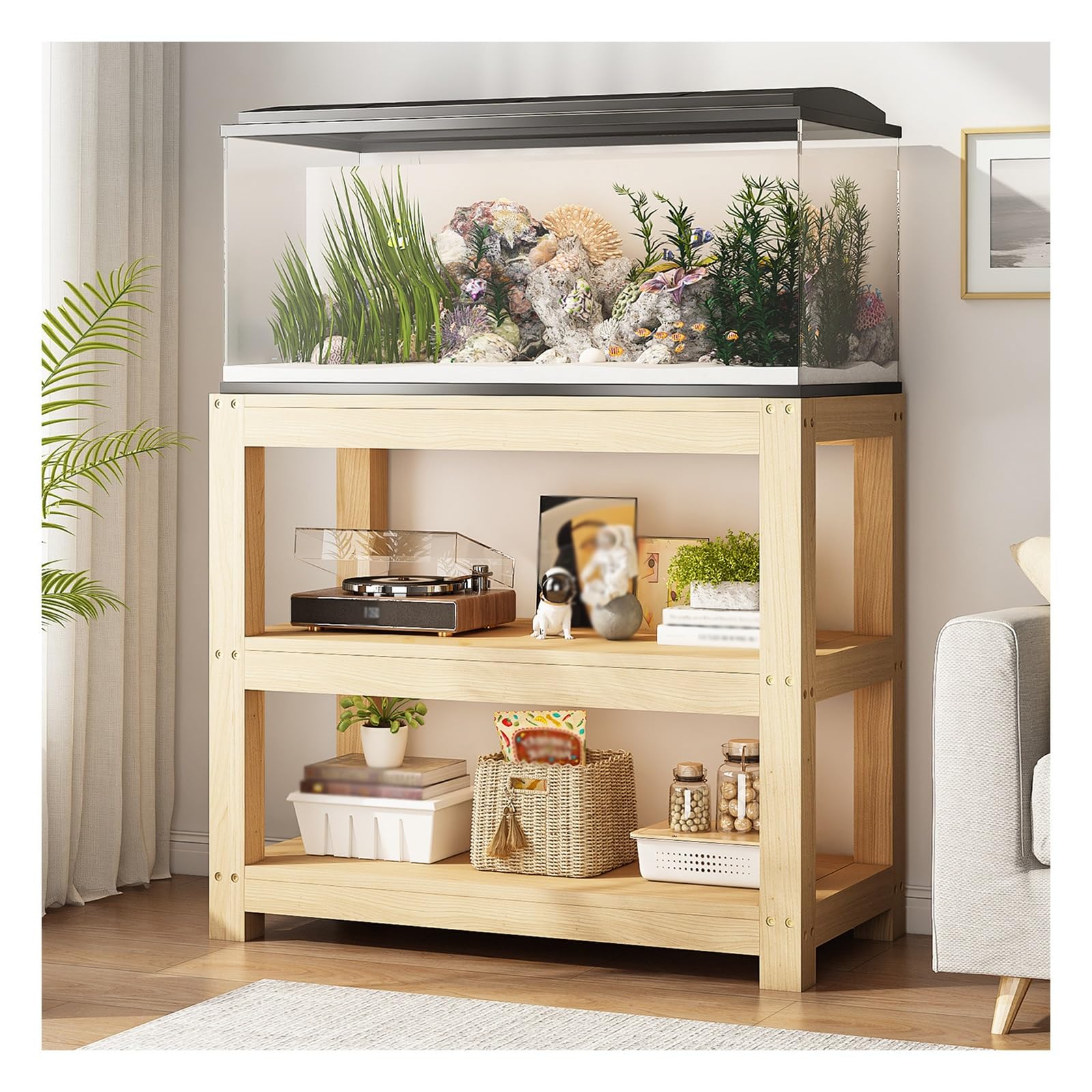 Supporto Acquario, Acquario con Mobile, Supporto per Terrario | Scaffale a 3 Ripiani in Legno di Pino Massello, Portata 250 kg, Pratico Design a Giorno(40x30x70cm/16x12x28in)