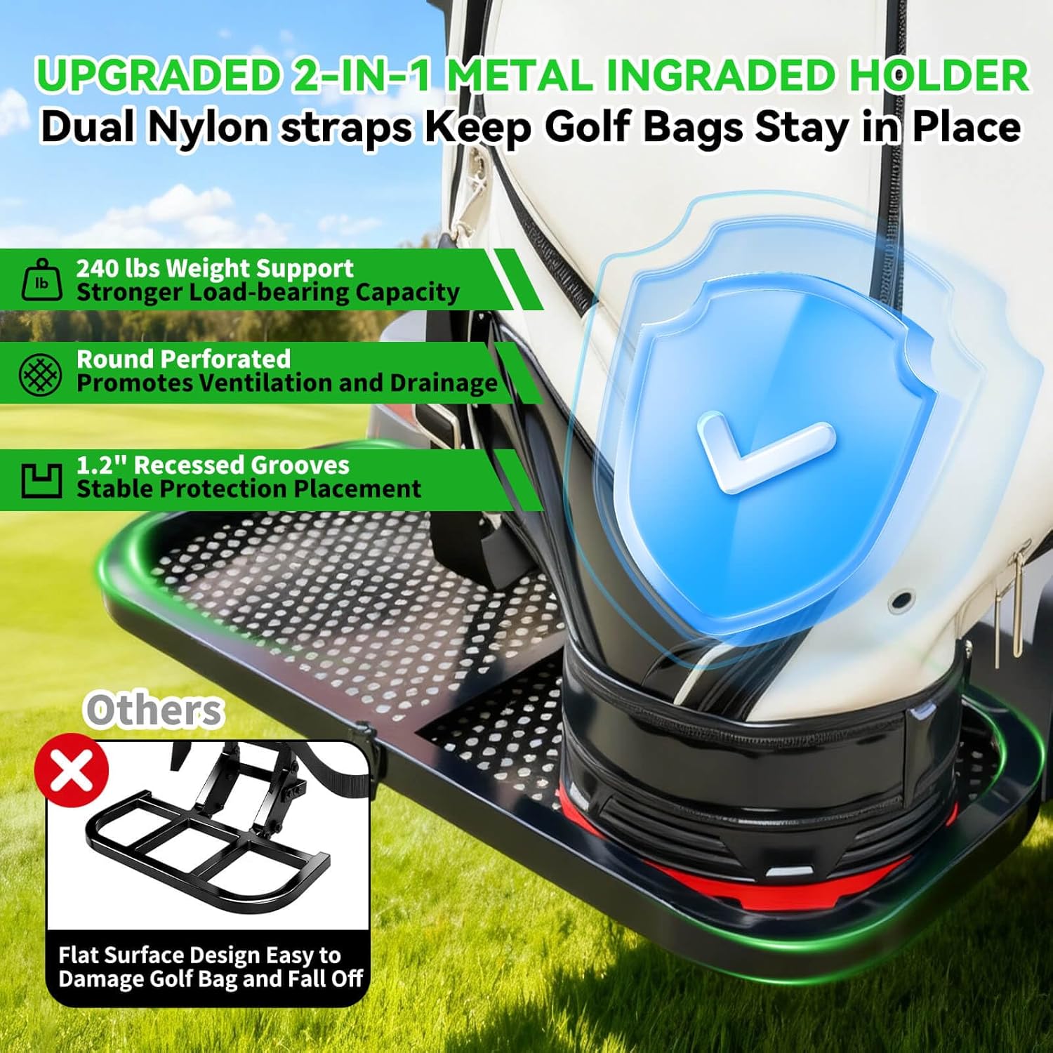 2-in-1 Foldable Metal Steel Golf Cart Rear Seat Bag Holder, Upgraded Stepboard Rack Attachment for EZGO Club Car Yamaha, Fits Normal 8'' Wide & 24.2" Widening Safety Grip Bar, No-Drill