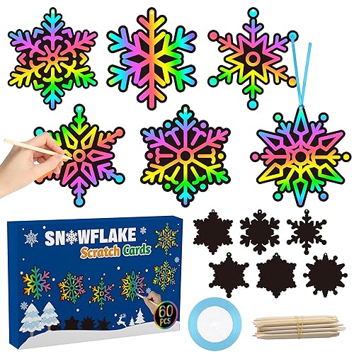 CY2SIDE 60PCS Snowflake Color Scratch Cards, Winter Snowflake Hanging Scratch