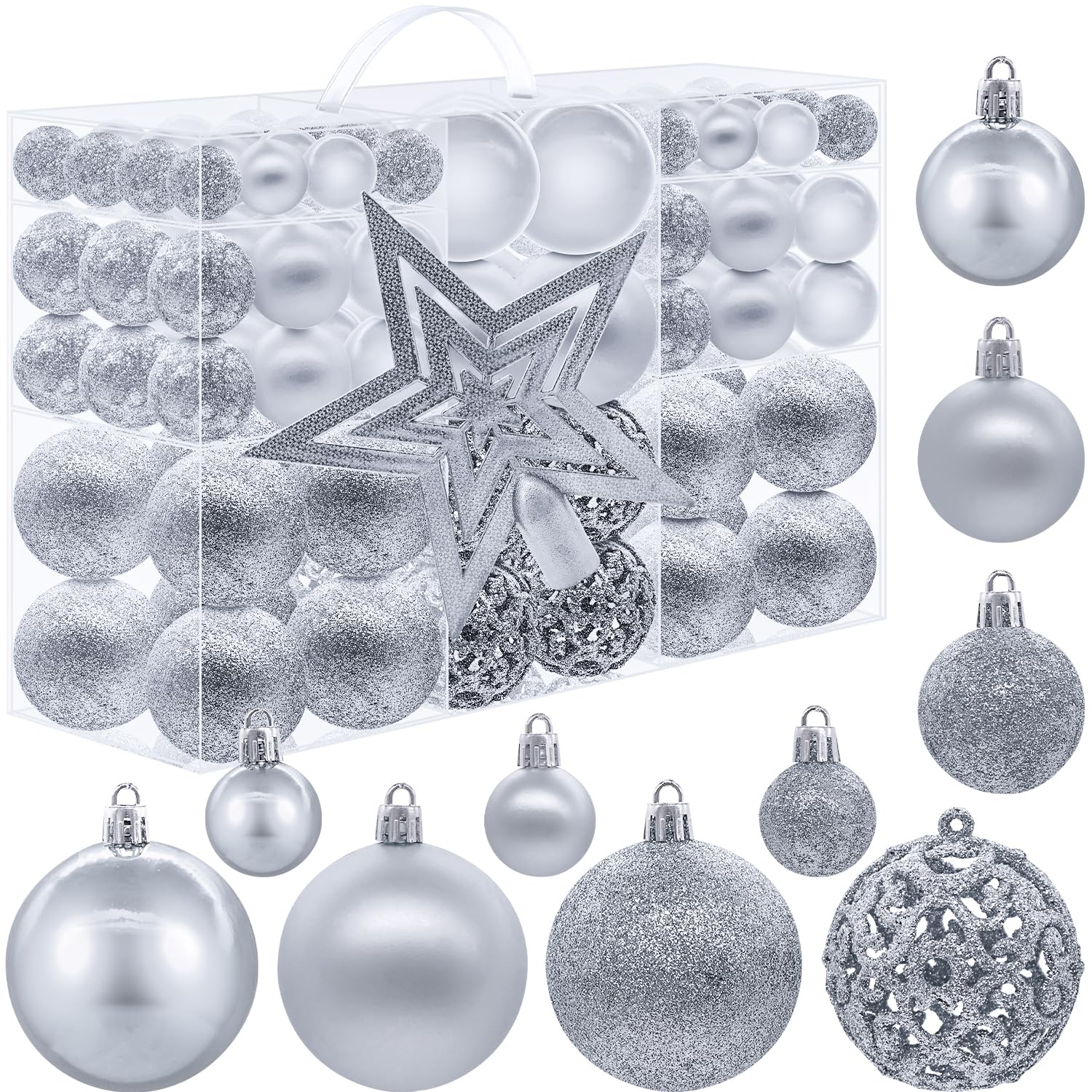 Lot de 101 boules de Noël en plastique incassables à suspendre pour décoration saisonnière avec 1 étoile de sapin de Noël (argenté)