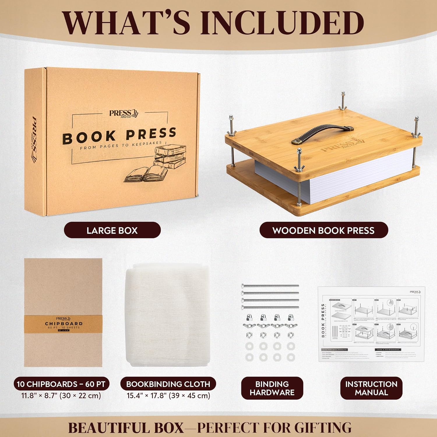 Pressandco Book Press – 14.6" x 11.6" Wooden Bookbinding Press with Leather Handle for Binding Books, Repair, Rebinding & Paper Craft – Includes Tools: 10 Binder Boards & Bookbinding Cloth