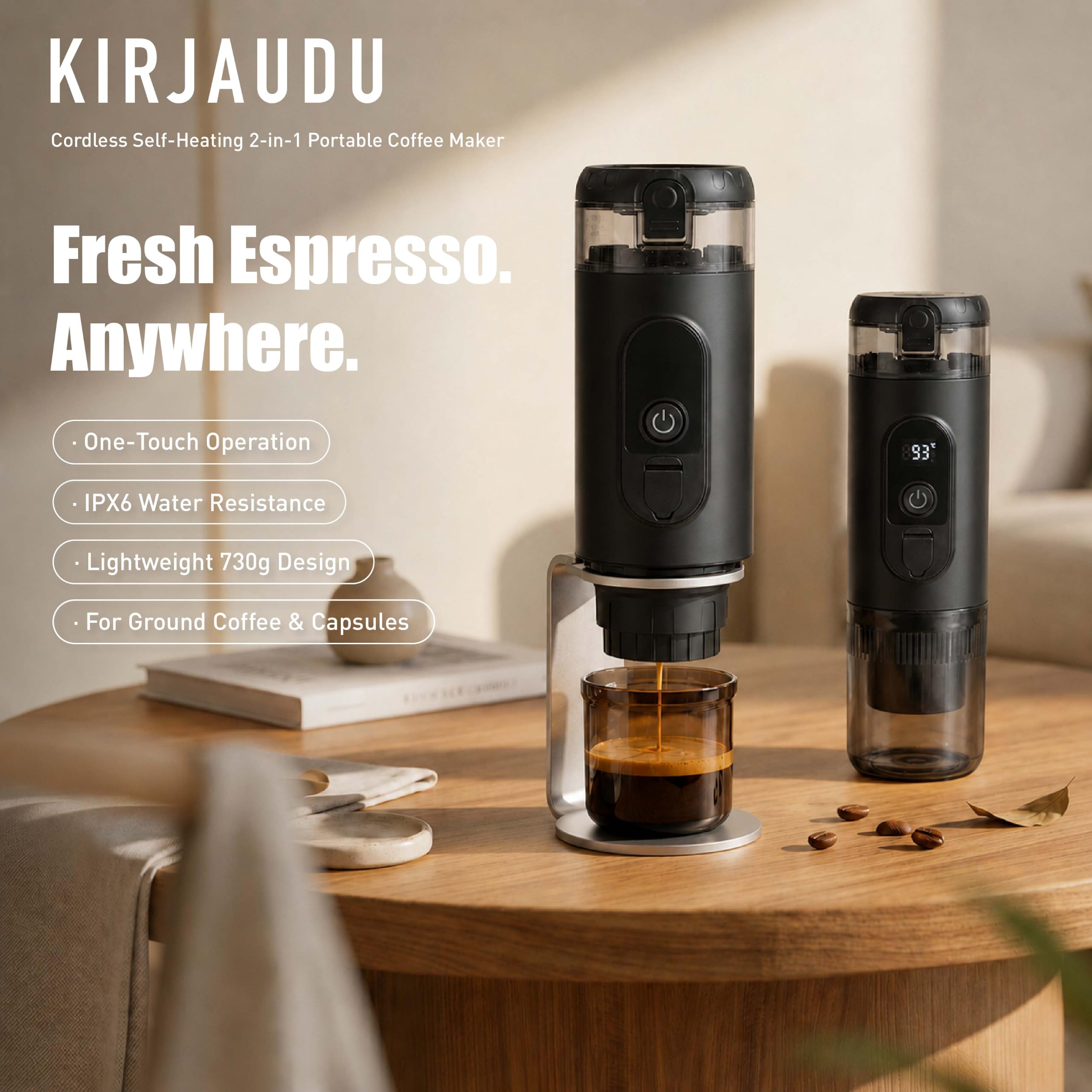 Tragbare Espressomaschine mit Akku, 2-in-1 Kaffeemaschine für unterwegs, Mini Auto Kaffeemaschine mit USB-C, kompatibel mit NS Kapseln & gemahlenem Kaffee