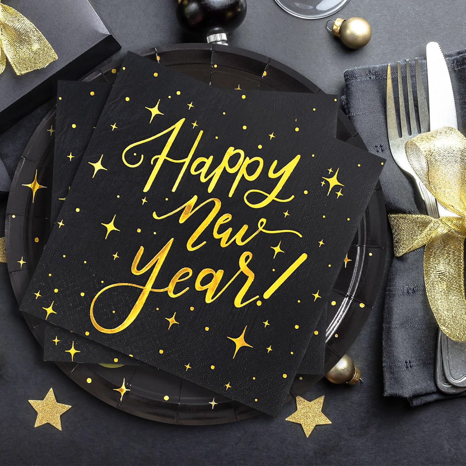 Whaline Happy New Year Party Supplies Tableware Set 50Pcs Black Gold Disposable Dinnerware Set New Year Disposable Plates Napkins for New Year's Eve Party Celebration Supplies Decorations