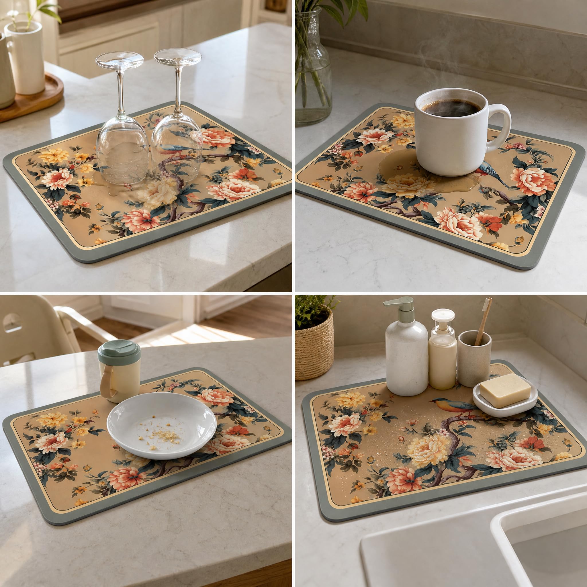 Tapis absorbant antidérapant cuisine , Fleurs & oiseaux-2 , 60x90cm
