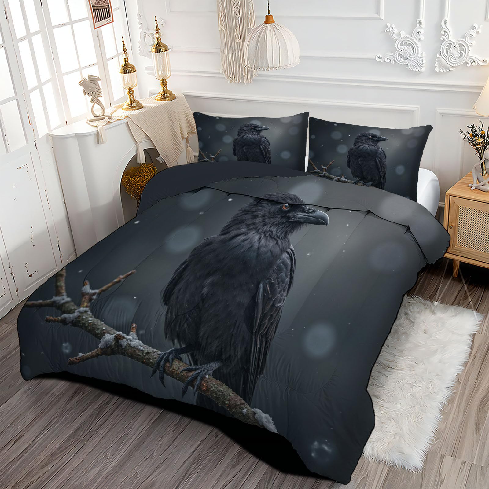 Edredon Cama 135/150 Cuervos Posados Ramas Árboles Estampado 3D, Edredón Nórdico 4 Estaciones 240x220cm, Colcha Transpirable De Microfibra Lavable Fantasía Animales, 2 Fundas De Almohada 50X75cm
