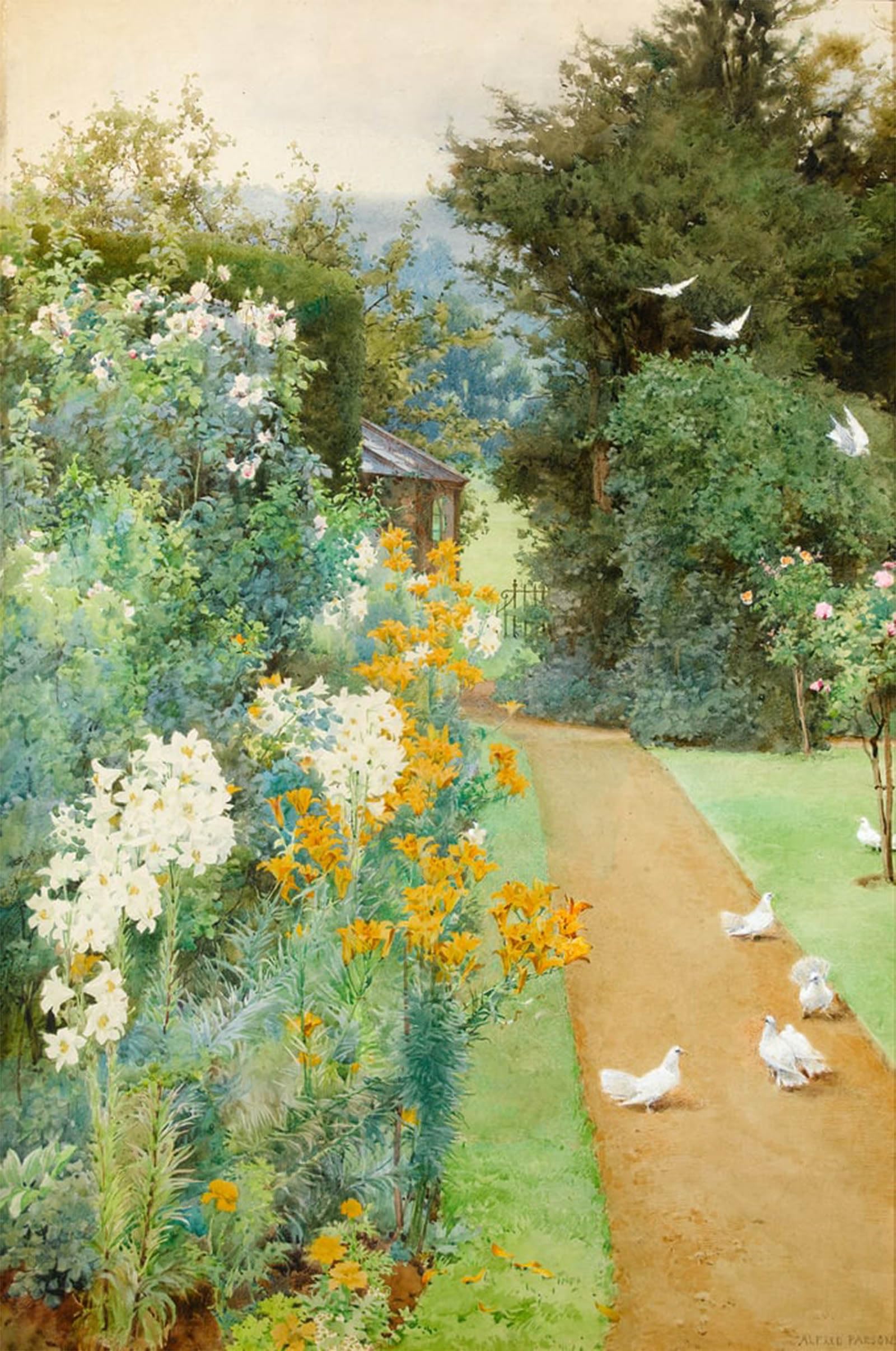 ARTXLXXBN Famous Prints Artwork Pictures Poster Painting Art Lilies and Doves in a Corner of My Garden by Alfred Parsons Artwork Landscape Pictures for Home Decor 60x90cm
