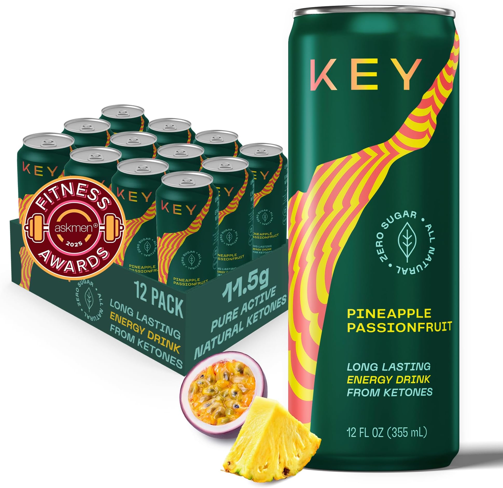 KEY Ketone Energy Drink - Sugar Free, 80mg Low Caffeine, All Natural, 11.5g Ketones, Long Lasting Energy, Green Tea & L-Theanine for Mental Focus, Pineapple Passionfruit (Pack of 12)