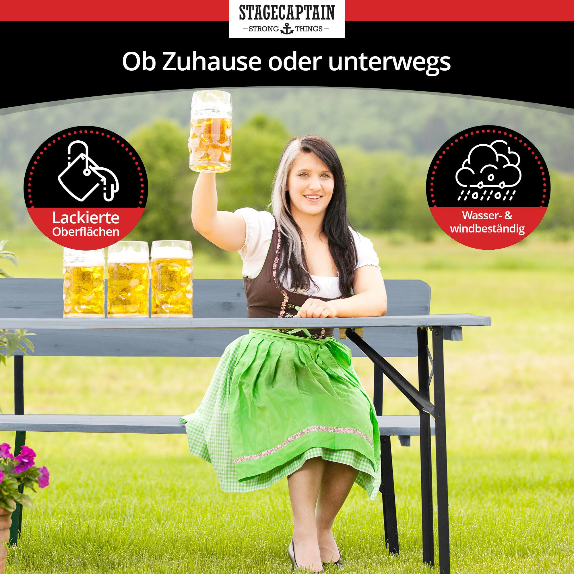 Stagecaptain BBDL-119 GY Hirschgarten Bierzeltgarnitur mit Lehne für Balkon 2X Set- Kurze Version mit 119 cm Länge - 2X Tisch, 4X Bank - Holz - klappbar - Natur