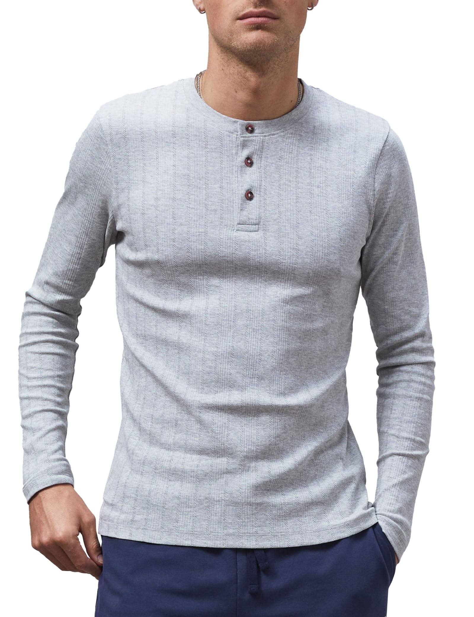 Enorsia Men's Button Detail Half Placket Long Sleeve T-Shirt Slim Fit Crew Neck Tee with Long Sleeves - Casual & Smart Everyday Top (M, Grey)