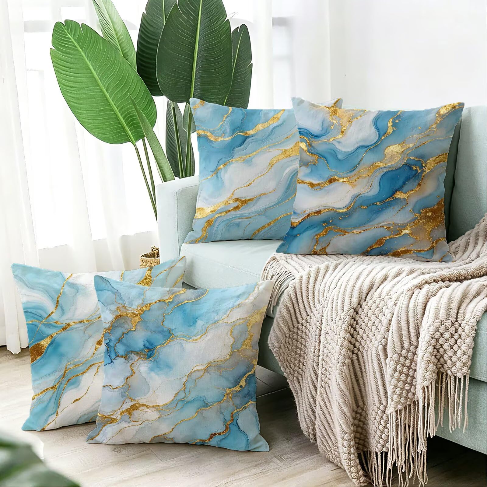 Blu Federe Cuscini Divano 65x65cm, Cuscini da Esterno Set de 4, Cod-82 | Velour Copricuscini Decorativi Letto Arredo, per Letto, Soggiorno, Giardino, Esterno, Casa Decorazione Set di 4 Naturale