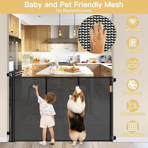 Miniatura 6 de Puerta reforzada para mascotas extra alta de 42 pulgadas, puerta retráctil para bebés de 55 pulgadas de ancho con varillas de apoyo, puerta