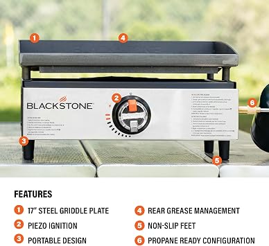 Blackstone 2142 Original 17” Tabletop Griddle with Low-Maintenance Stainless Steel Front Plate, Powder Coated Steel, Black
