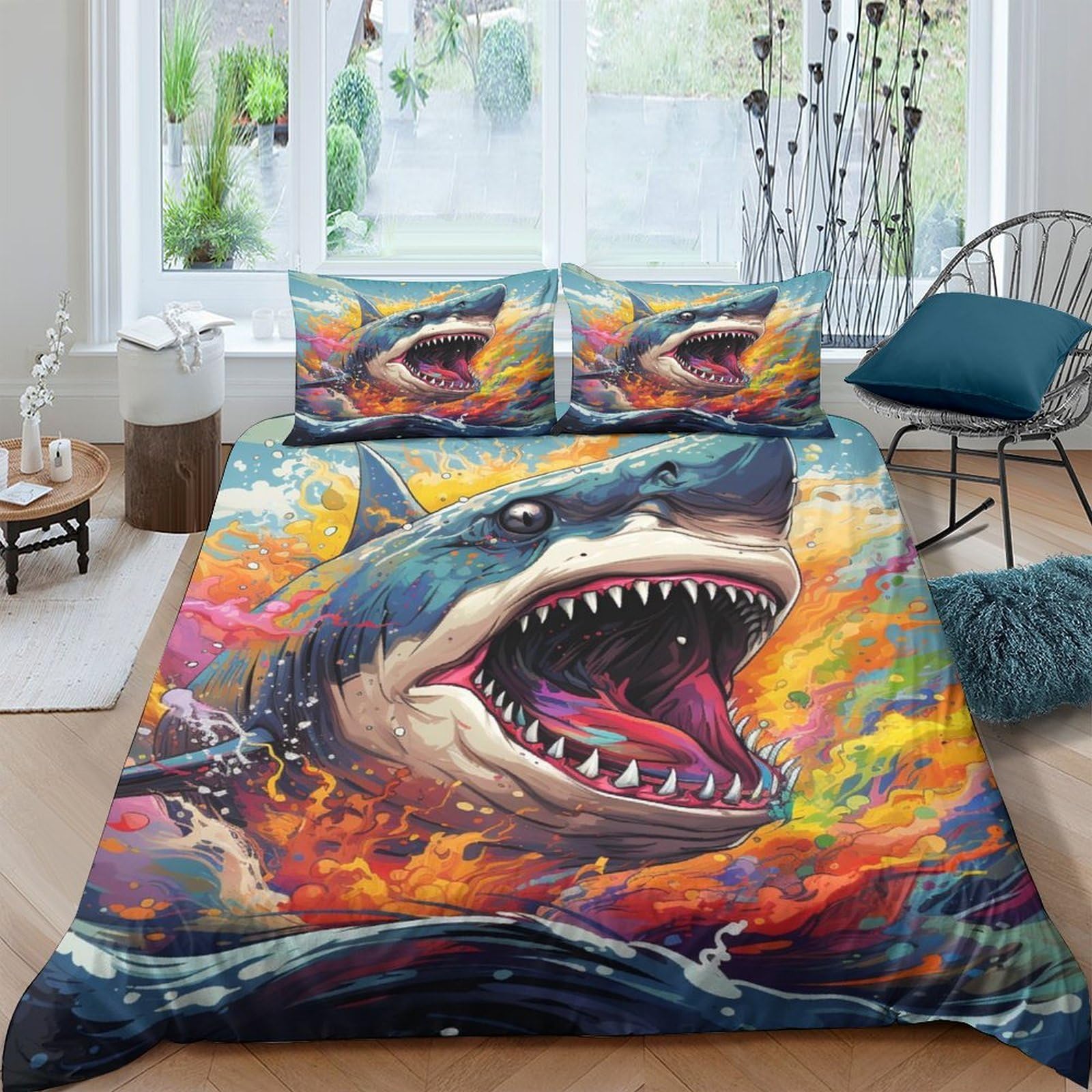 Ctjqhvkz Style-9 3D Printed Shark Ocean Fitted Sheet Microfiber Vibrant Fire Wave Mattress Cover For Bedroom Guest Room Decor Single（135X200cm）