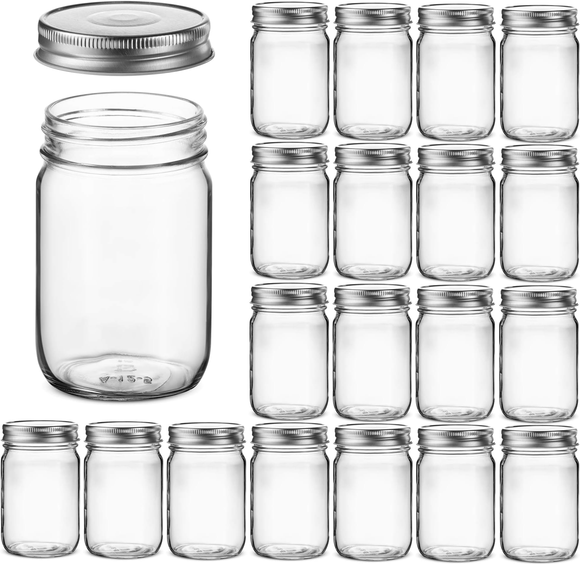 Glass Regular Mouth Mason Jars, Glass Jars with Silver Metal Airtight Lids for Meal Prep, Food Storage, Canning, Drinking, Overnight Oats, Jelly, Dry Food, Spices, Salads, Yogurt (20 Pack) (12 Ounce)