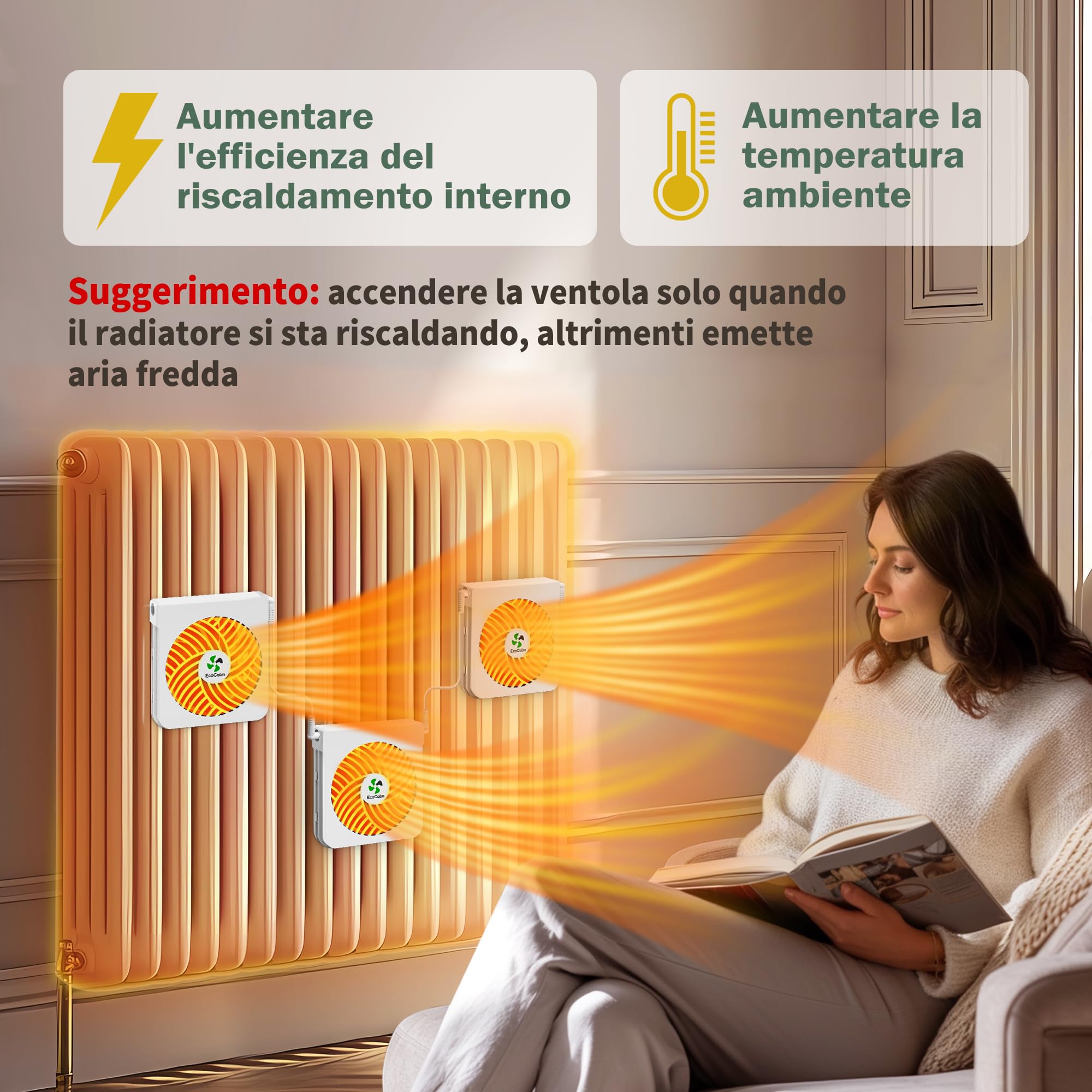Ventilatore per radiatori in ghisa, 3 ventole per termosifoni con termostato e magneti, ventola per termosifone Aumenta l'efficienza del riscaldamento e ne risparmia i costi