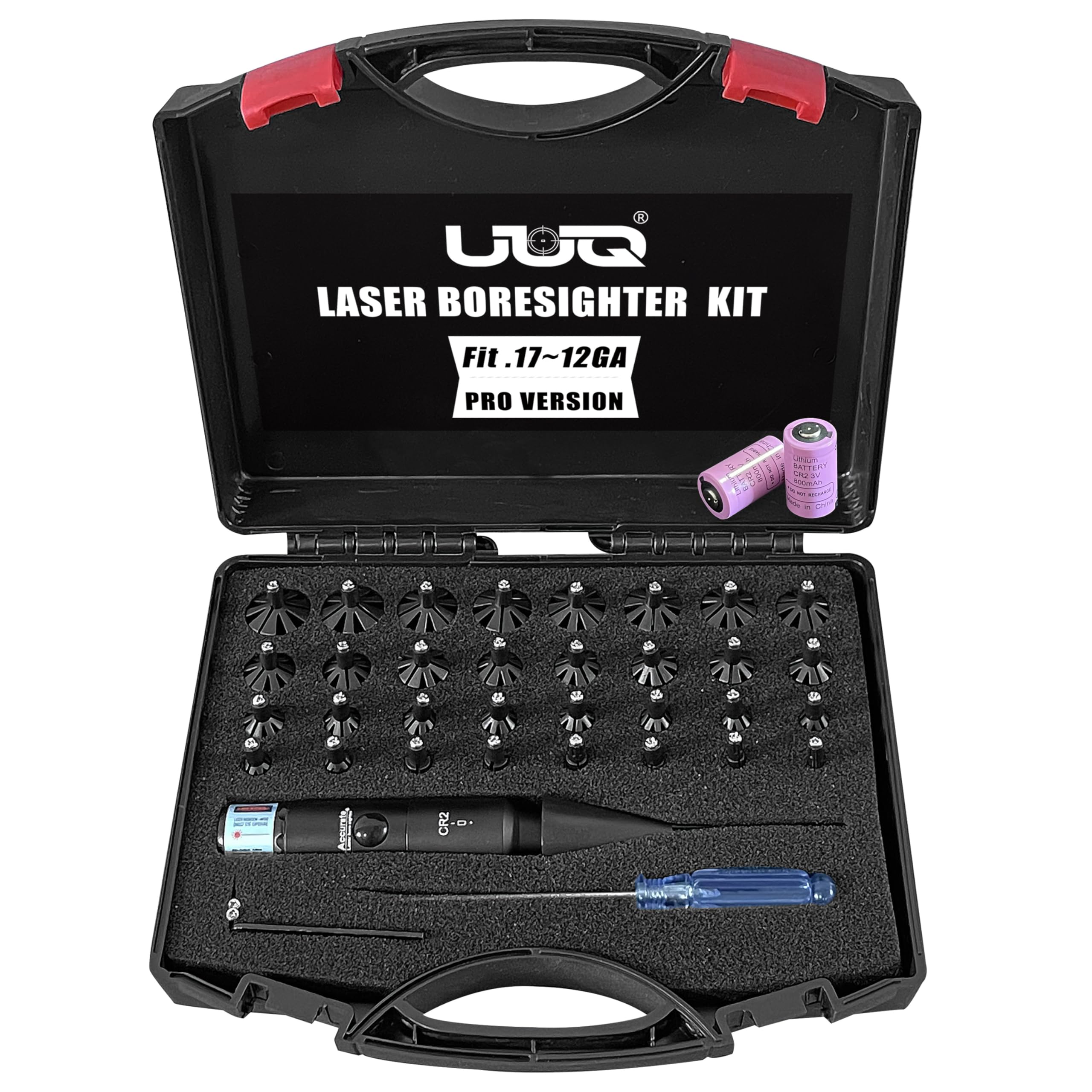 UUQ Professional Laser Bore Sight Kit with Button Switch,Red Laser with 32 Adapters for 0.17 to 12GA Calibers,Suitable for Pistol Rifle Airsoft & Shotgun,Powerful Hunting Equipment (Red Laser)