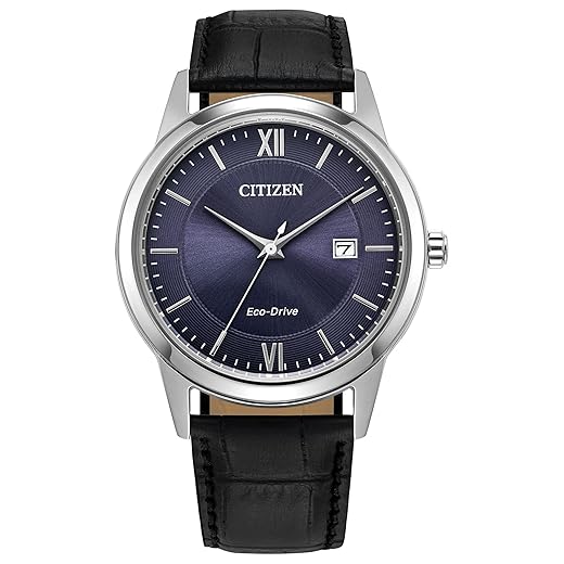 Citizen Relógio masculino Eco-Drive clássico em aço inoxidável com pulseira de couro preto, mostrador azul, Prateado e azul