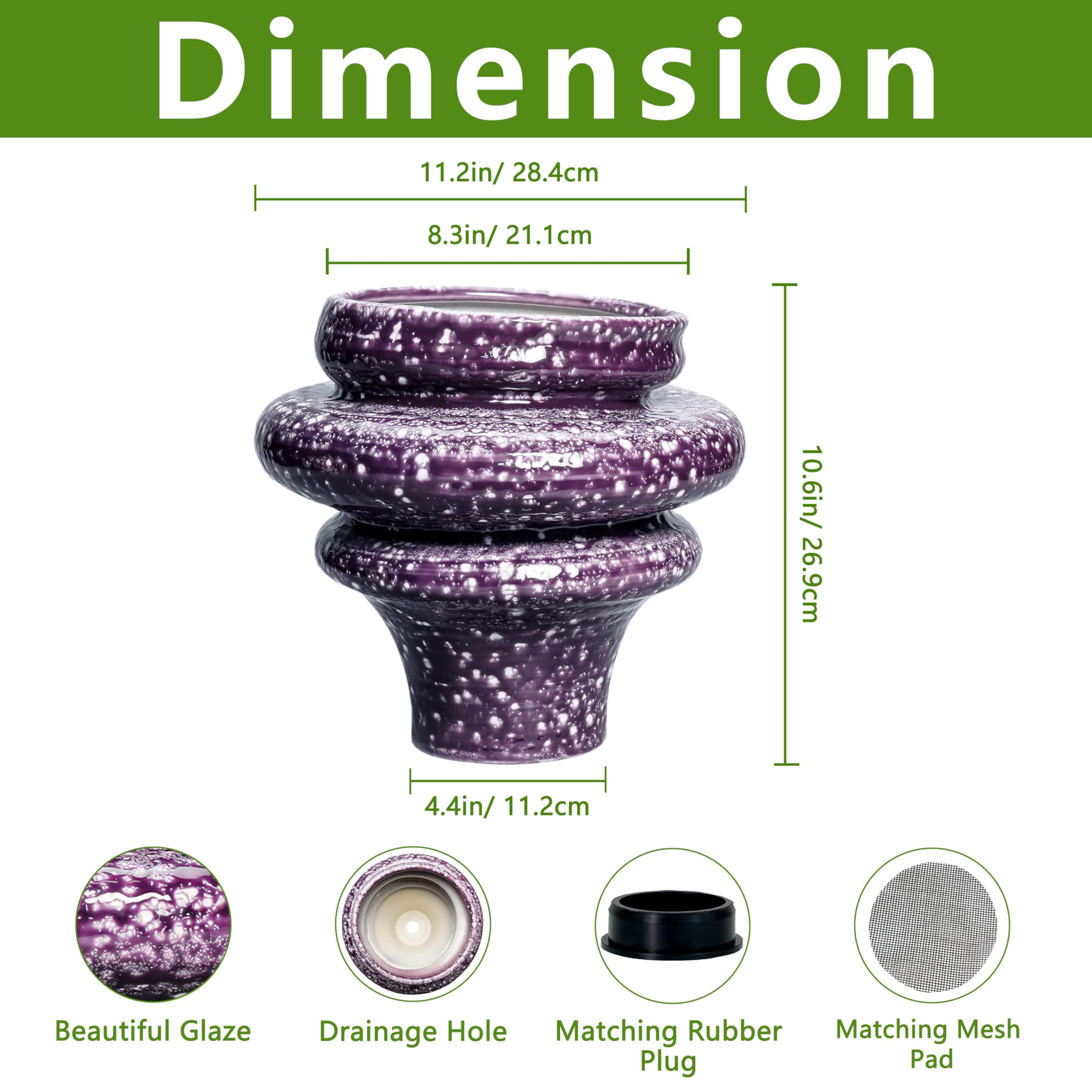 Macetas de cerámica para Plantas, Maceta de cerámica de 11 Pulgadas con Agujero de Drenaje, macetas únicas para Interiores y Exteriores, Maceta Decorativa Grande, decoración de habitación de