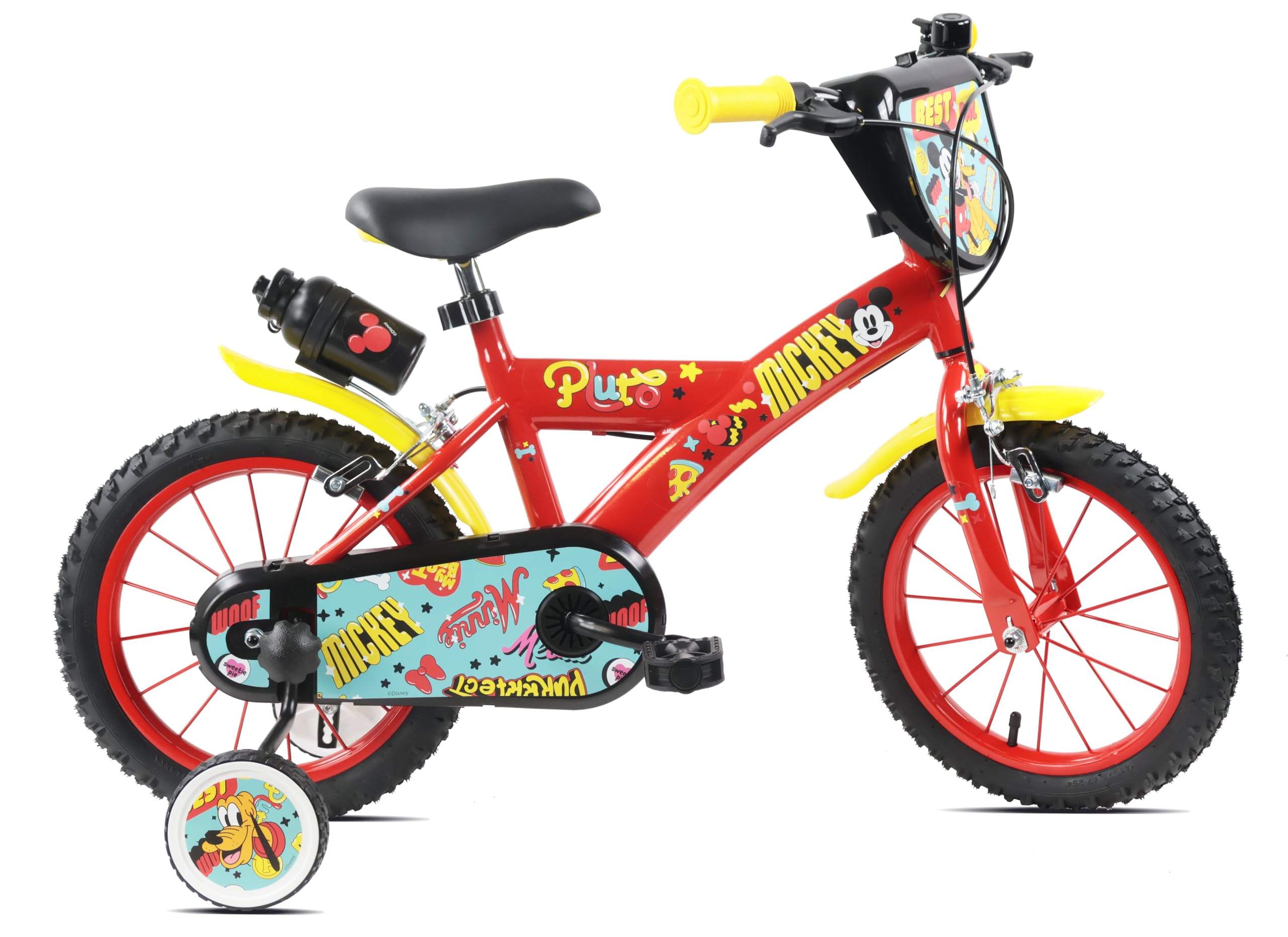 Denver Bike Bicicletta Bambino 14 Pollici Licensed Mickey, 3-5 Anni, Rotelle Removibili, Freni Caliper Anteriore/Posteriore, Telaio Acciaio, Ruote Gonfiabili, Borraccia e Scudo