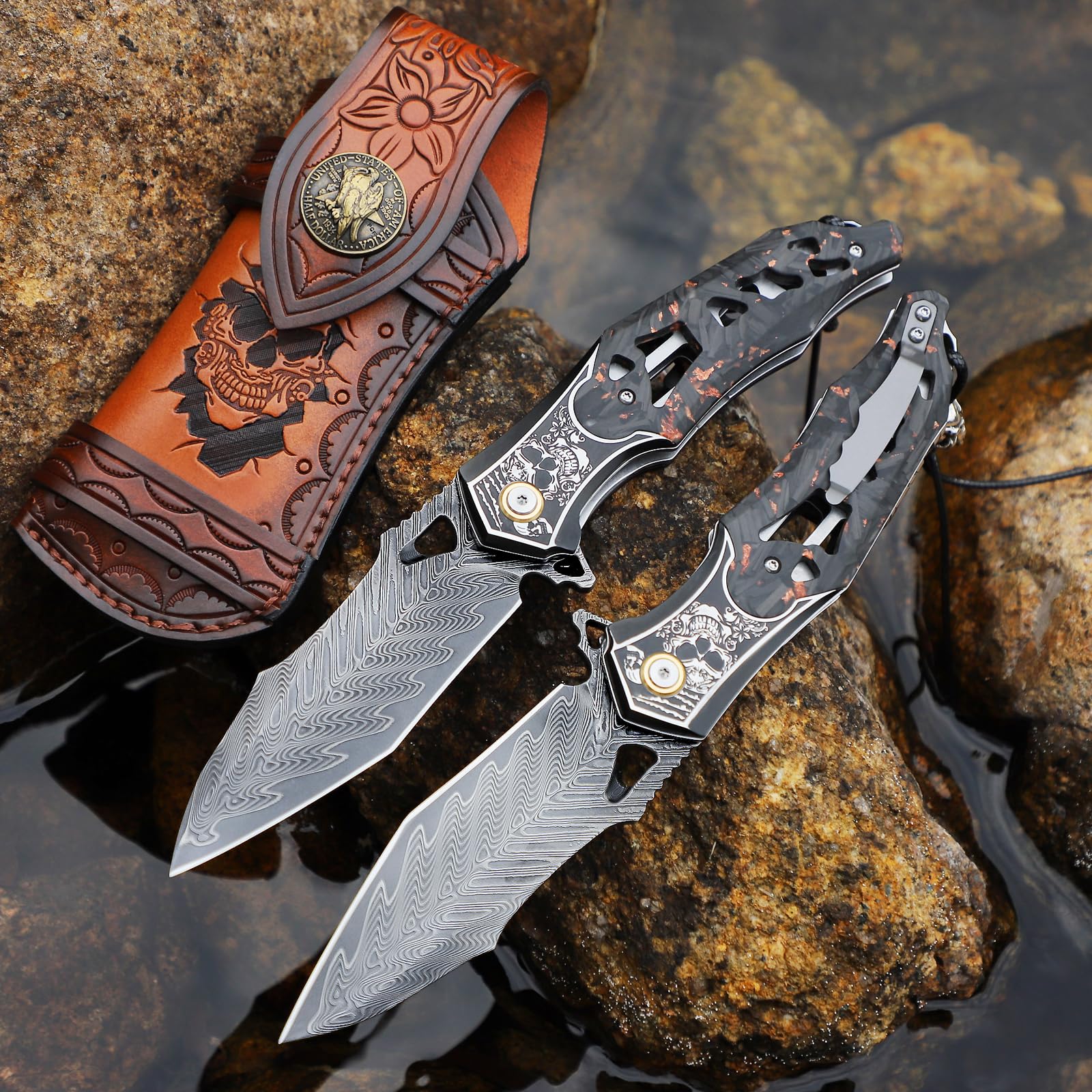 Handmade Men's Folding Pocket Knife, 9" Damascus Steel Folding Knife, Includes a leather sheath, Dazzling Cool Skull pattern, Carbon fiber handle with copper foil integration, Ideal for expedition cam