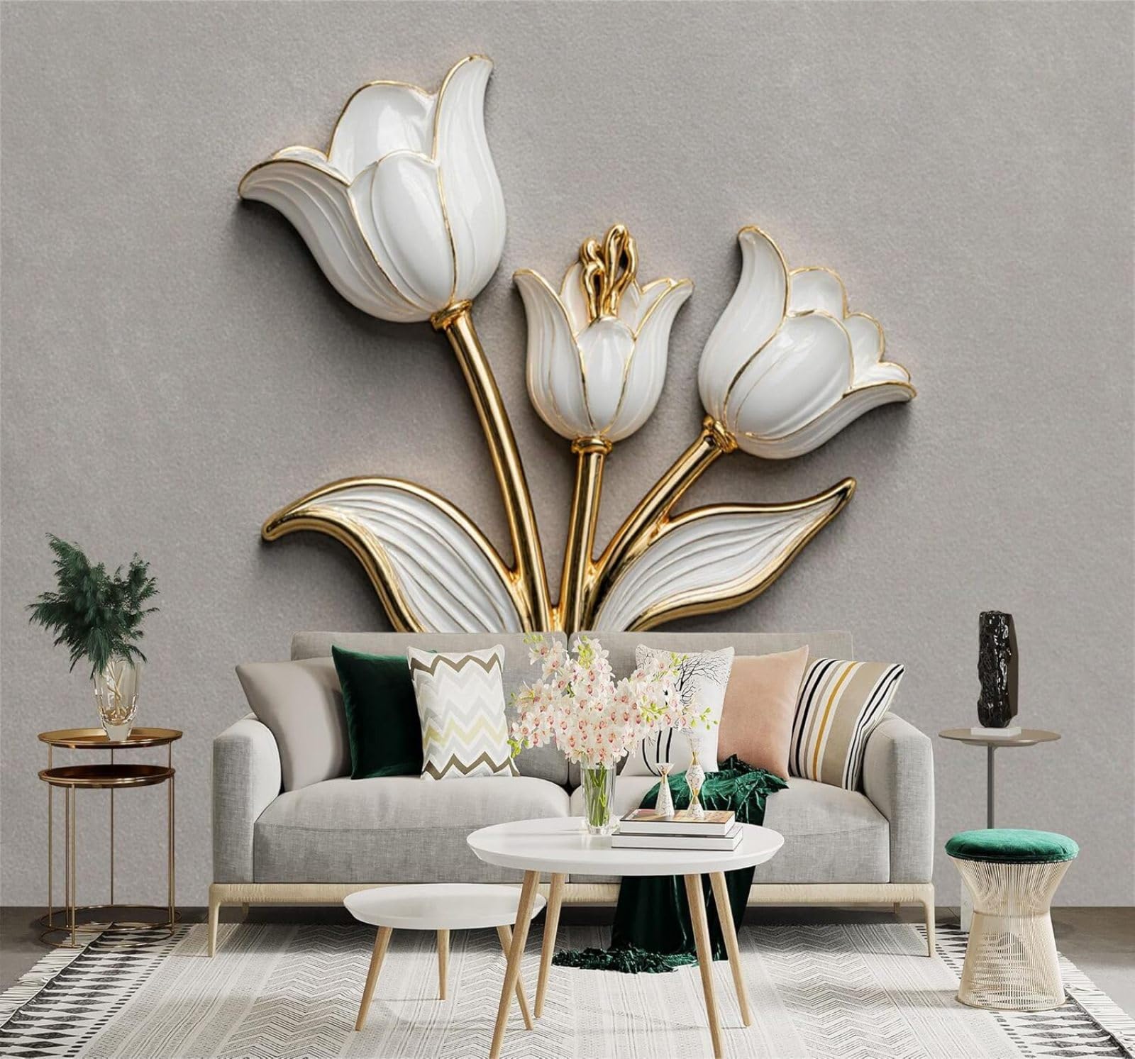 XLMING White Tulips Gold Outline Elegant Minimalist 3D Wallpaper Premium Textured Silk Study Dining Living Room Bedroom Sofa TV Wall Easy Install-400cm×280cm