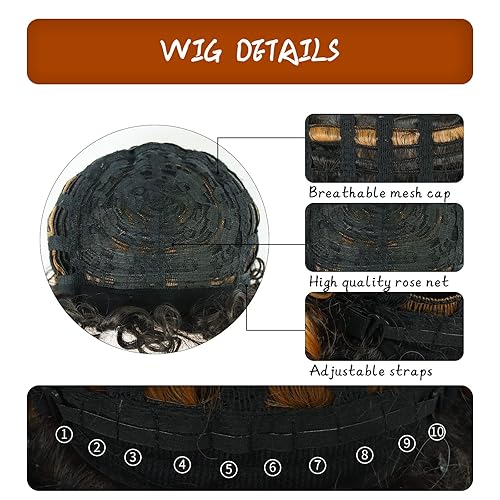 Miniatura 4 de Anogol Gorra de peluca, bigote, collar, gafas, 5 piezas, peluca afro para hombres, peluca rizada de color marrón oscuro, pelucas de disco de los