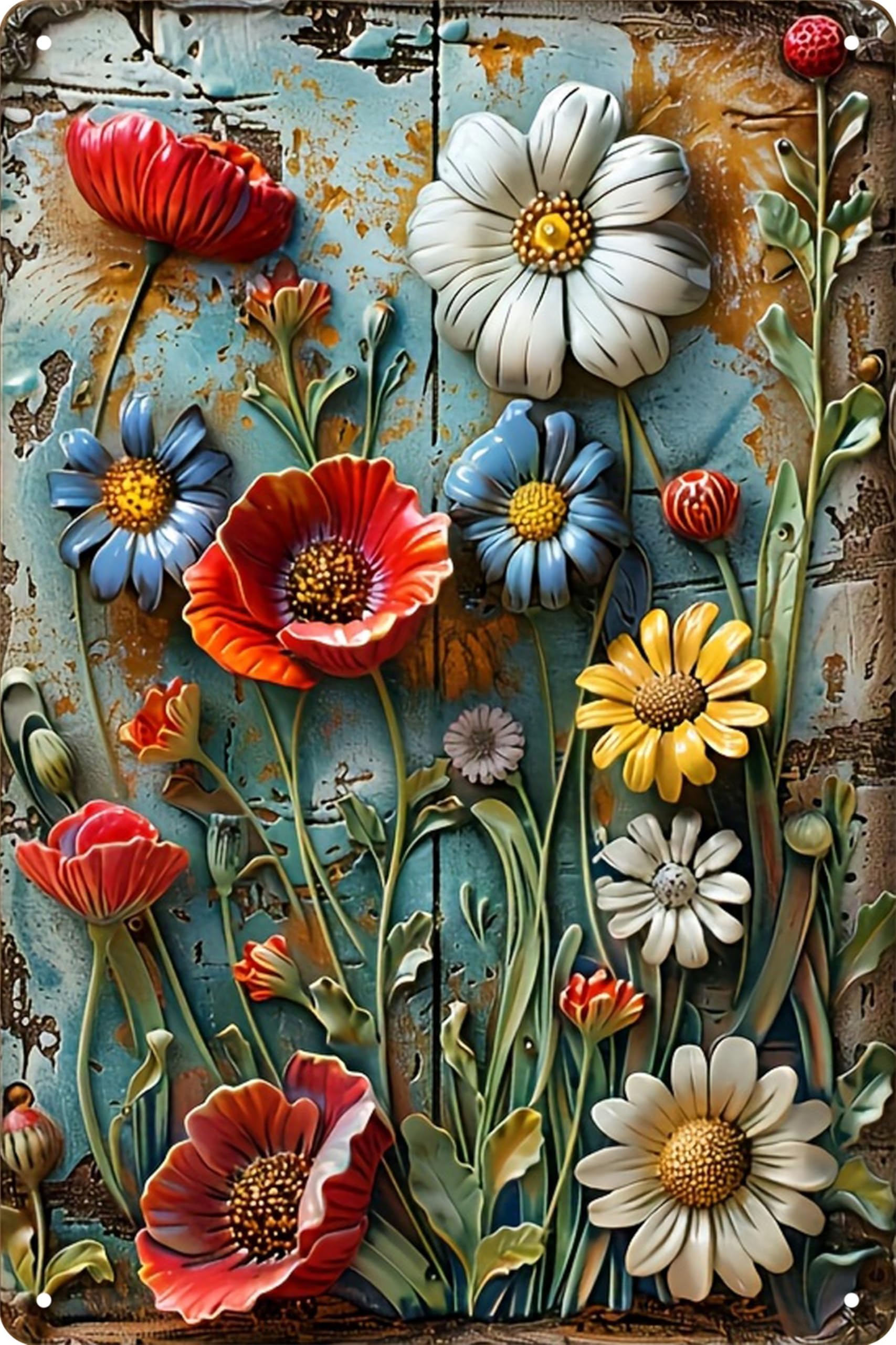 Vintage Flower Tin Sign,Retro Floral Metal Sign,Bouquet Design for French country style,Bathrooms,Gardens, Farmhouses and Cafes wall decoration 8×12Inch (Floral-01)
