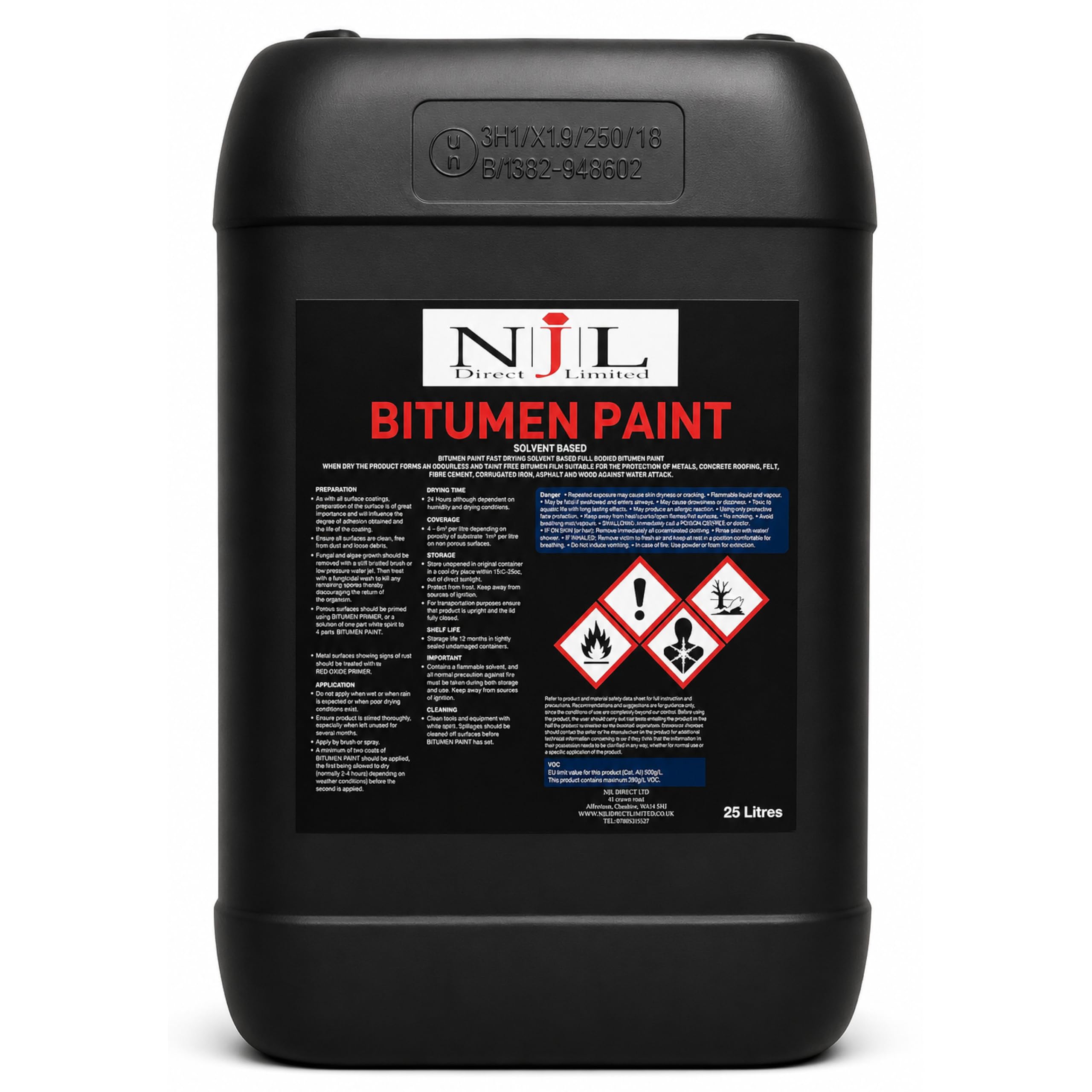 NJL Bitumen Paint Black 25L | Waterproofs Metal, Concrete, Iron, Steel | Solvent-based, Black Metal Paint | Concrete Sealer, Coating Metal Fences, Gutters, Railings and Roofs