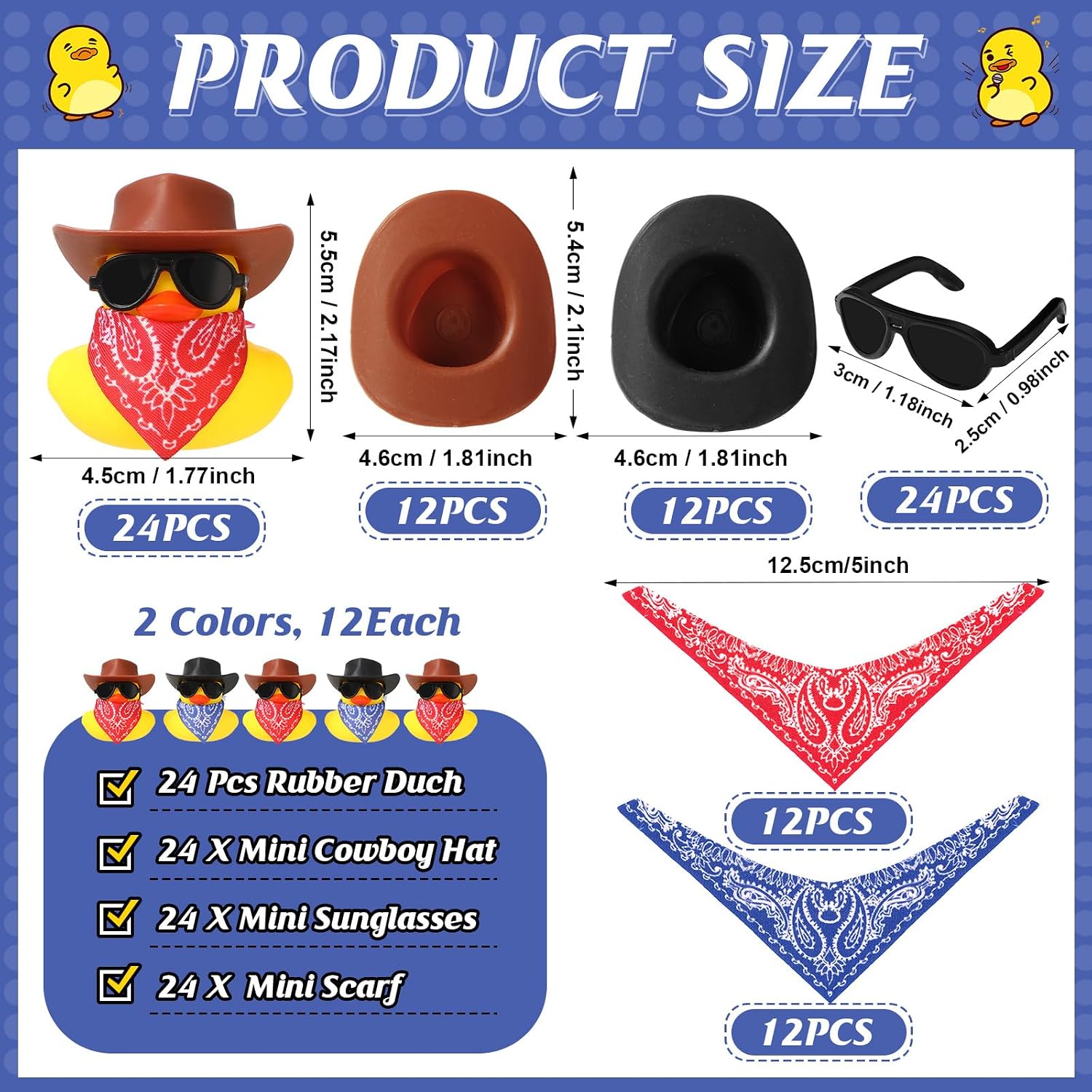 Sosation 24 Set Cowboy Rubber Duck Bulk Mini Yellow Duckies Party Tiny Ducks Toy with Cowboy Hat Paisley Bandanas Sunglasses for Birthday Party Favor(Vintage Style)