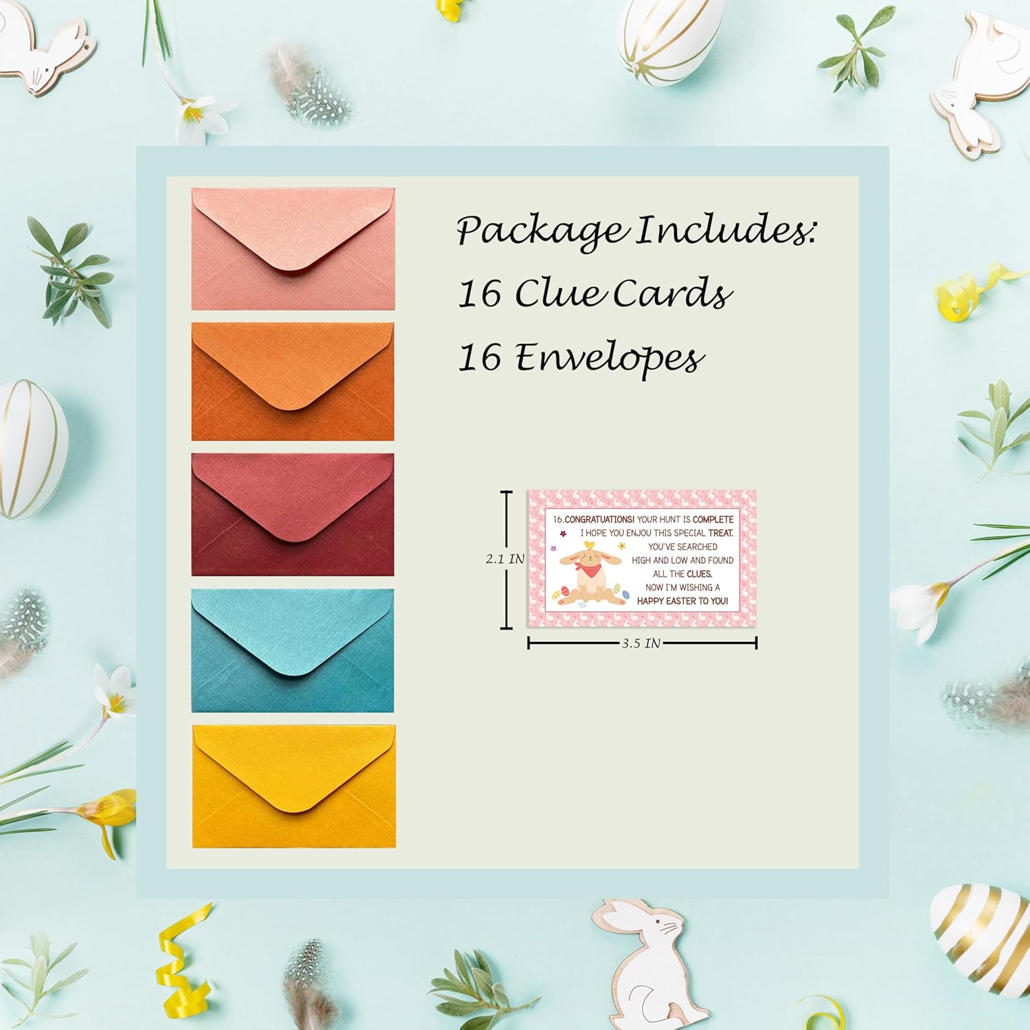 Gihyan Easter Party Games - Easter Bunny Scavenger Treasure Hunt Clues Cards - Easter Party Supplies Spring Party Decorations (16 Cards with Colourful Envelopes)-01