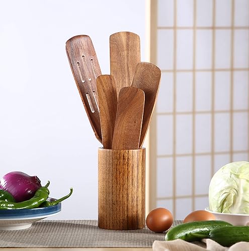 Miniatura 10 de Messon - Juego de utensilios de madera para cocina, cucharas de cocina de teca natural hechas a mano, espátula de madera para utensilios de cocina