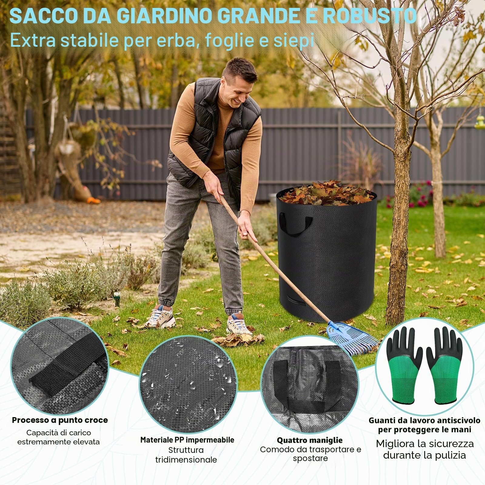Sacchi per Rifiuti da Giardino Resistenti, 272L x 4Pacchi Sacchi da Giardino Riutilizzabili con Maniglie,incl Guanti, Antistrappo, Idrorepellente, Riutilizzabile, Pieghevole