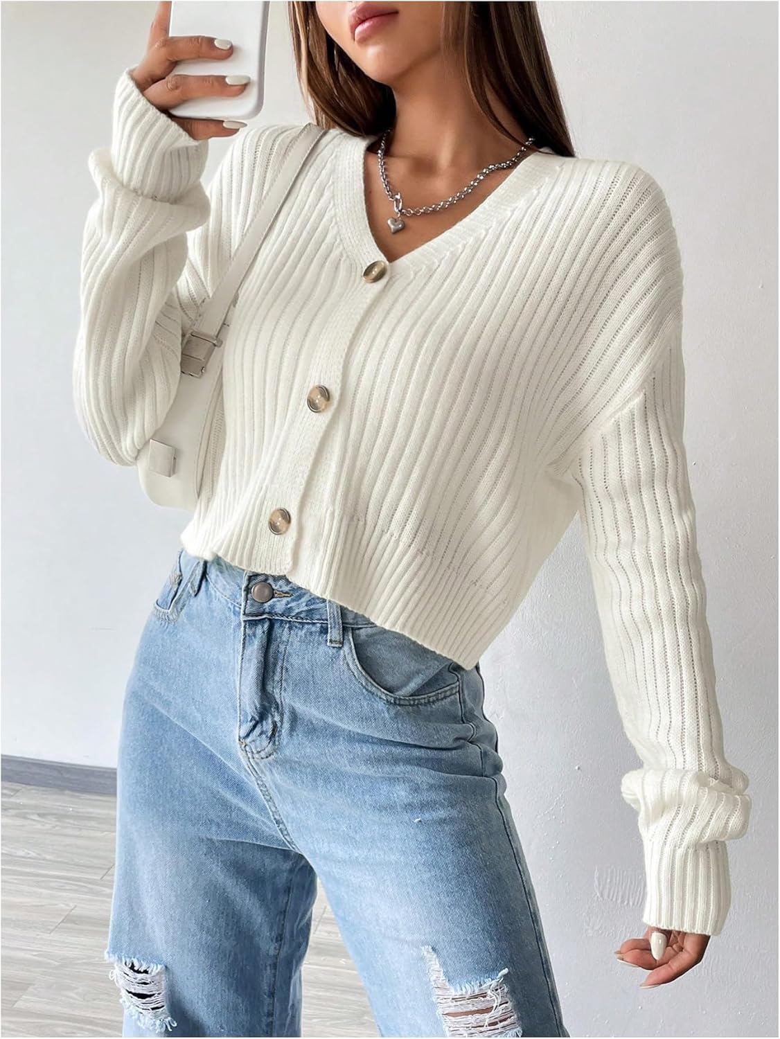 Milumia Women's Button Down Cropped Cardigan Ribbed Long Sleeve Loose Sweater Knitwear - Image 5
