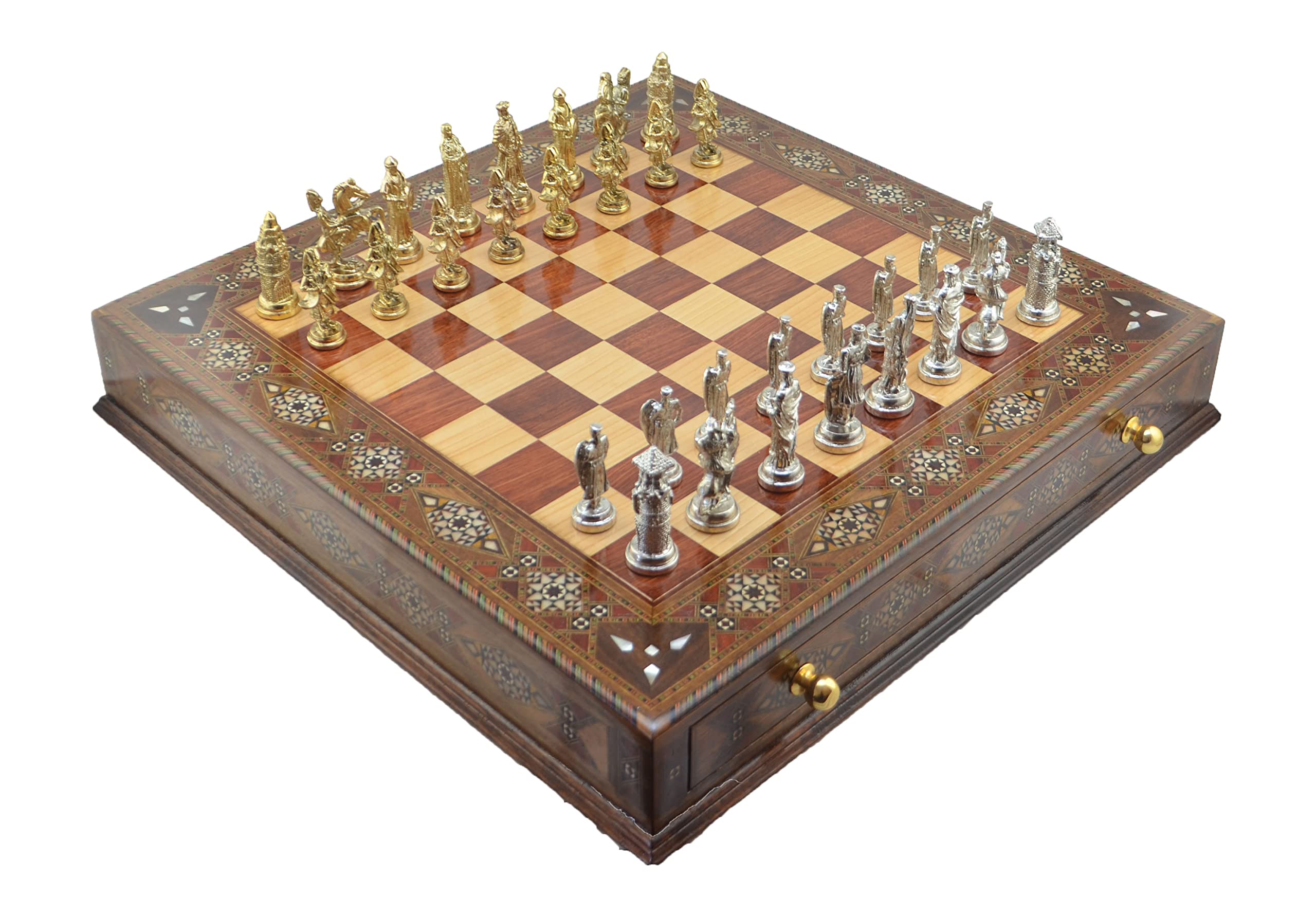 Échiquier Ancien – Figurines Métal Doré, Plateau Bois Peint – Jeu D'échecs Vintage