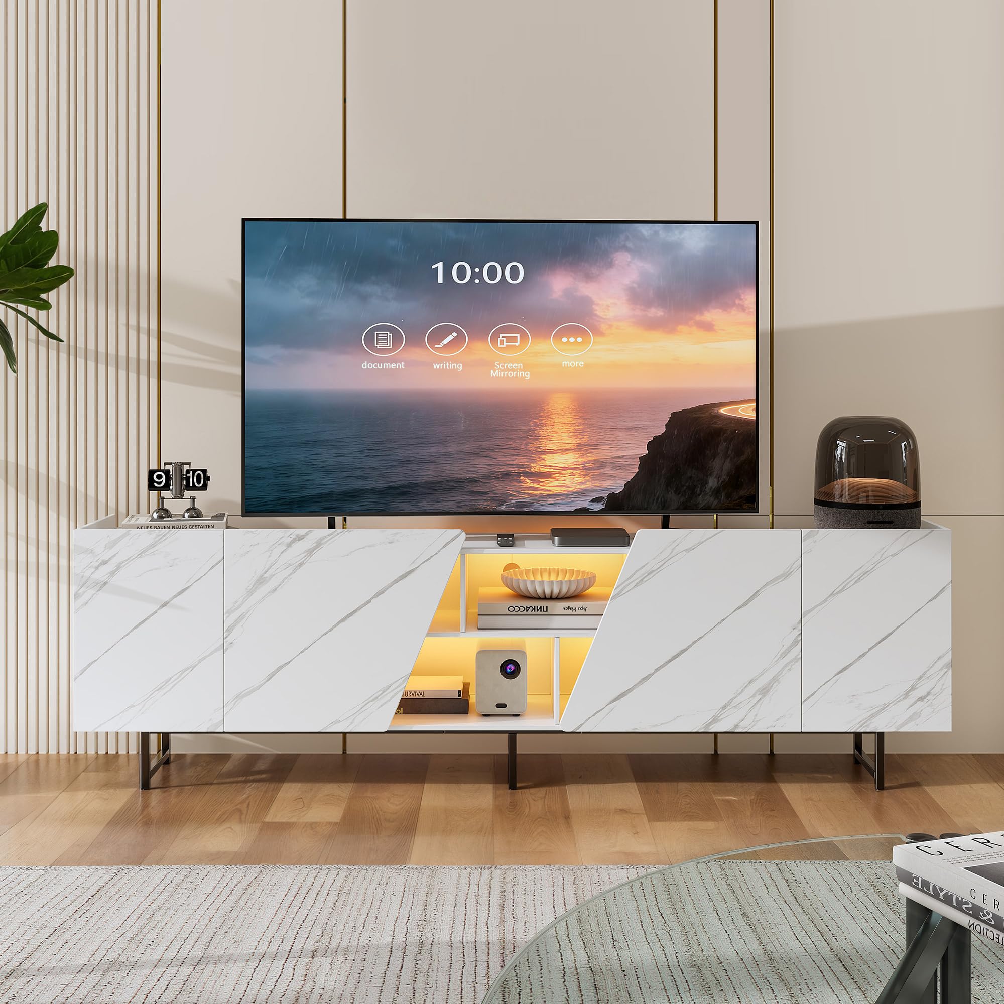 Armadio TV con LED - Mobile TV con 4 porte - Mobile TV basso - Comodino - Mobile TV con spazio aperto per soggiorno, sala da pranzo, camera da letto - Bianco - 220 x 34 x 67 cm