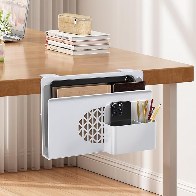 Soporte metálico para laptop, organizador bajo escritorio, blanco miniatura 3