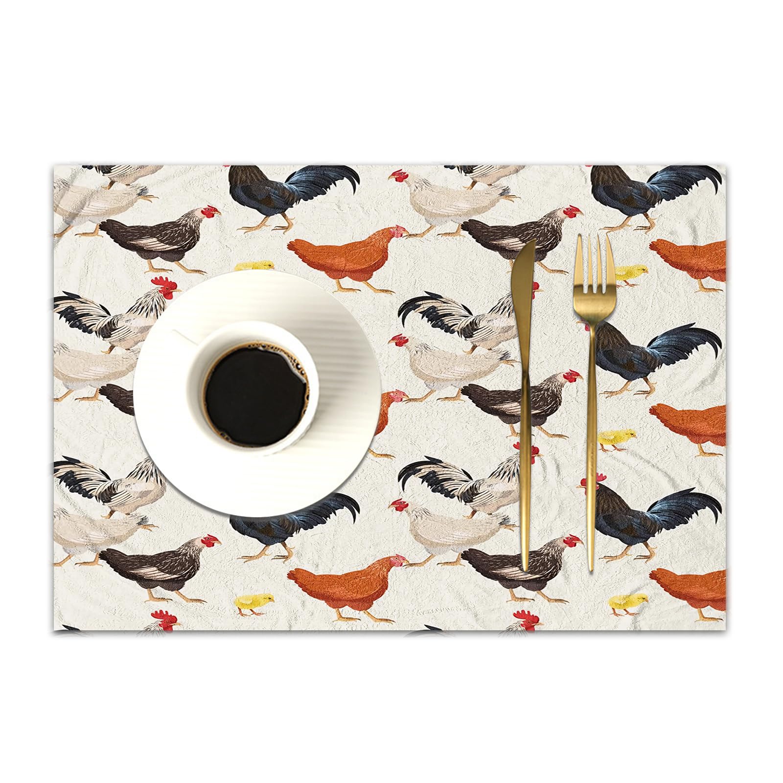 DASNK Table Mats Set of 4 Woven Vinyl Place Mats for Dinner Table Washable & Durable Indoor/Outdoor Use Table Accessories,Seamless pattern with domestic hens ros and chickens of different col,12x18in