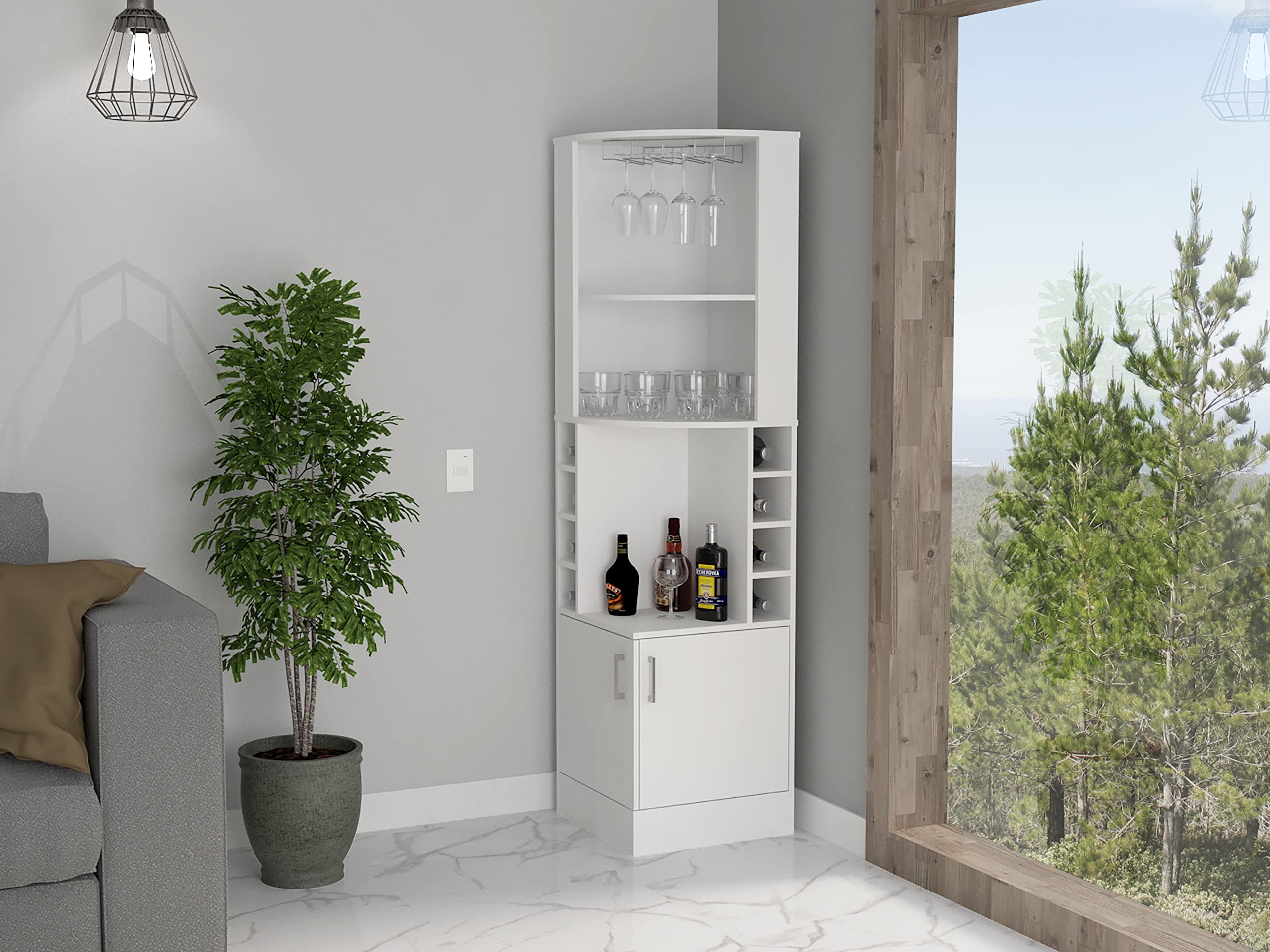 71" 8-Cubby &amp; 2-Shelf Bar Storage Cabinet, Kitchen Pantry Cabinets with Double Doors, Versatile Cabinets with Space-Efficient Corner Design for Kitchen, White