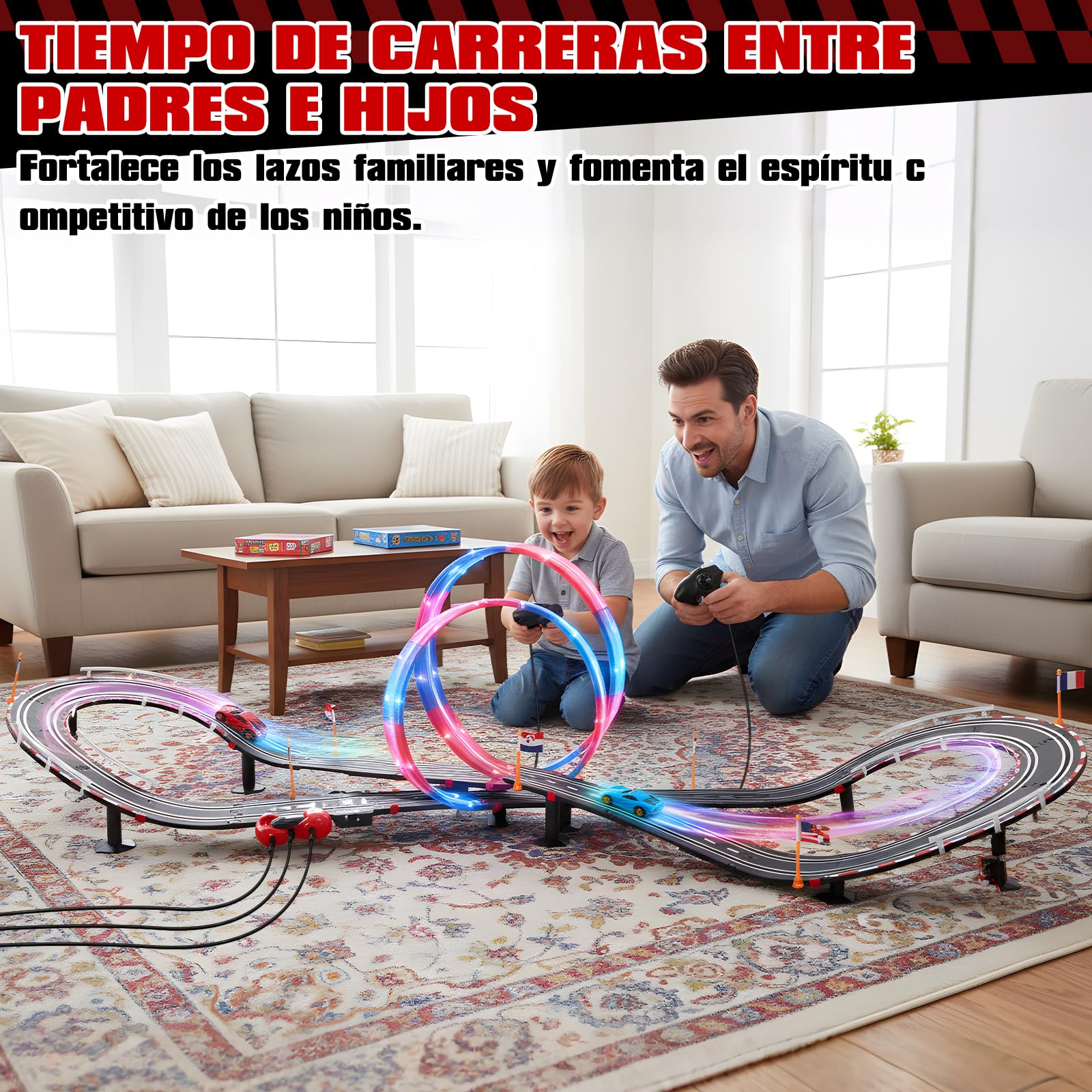 Pista Carreras Electrica, Iluminado Pista de Coches para Niños 1:64 Pista Autos -4 LED Coches, Bucle 360°, Euroconector, Contador Vueltas, Circuito Coche Niños 3+ Años Juguete Regalos (L)