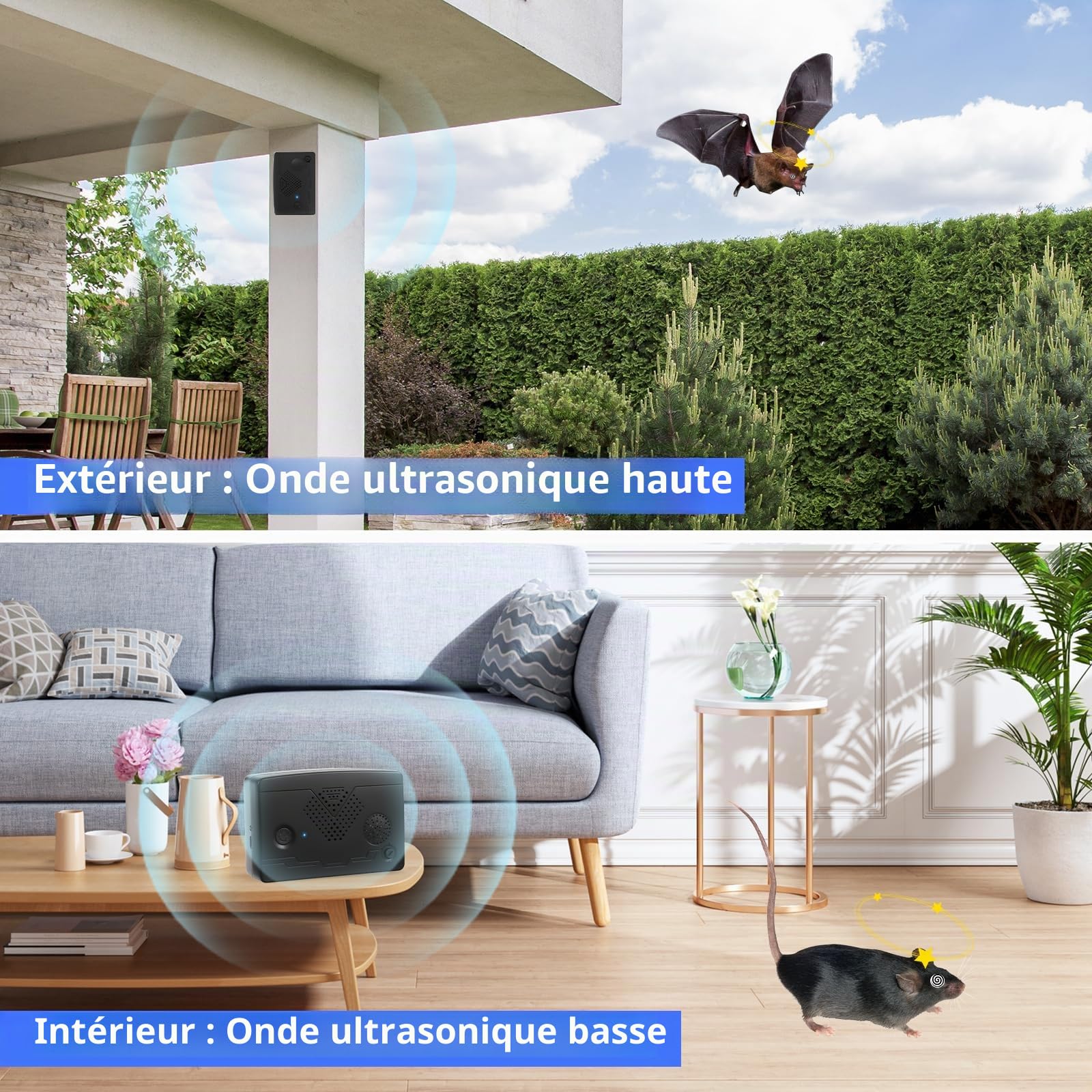 Lot de 2 répulsifs à ultrasons pour chauve-souris d'extérieur pour grenier, appareils dissuasif pour se débarrasser des chauves-souris, répulsif à ultrasons à ultrasons d'intérieur pour garder les
