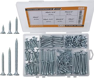 JEGONFRI 209pcs Wood Screws Assortment Kit - High Hardness Carbon Steel Phillips Flat Head, 6 Sizes for DIY Woodworking