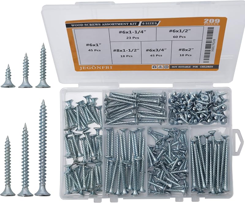 209PCS Wood Screw Assortment Kit, 6 Sizes Flat Head Phillips | Great for Home Improvement, Sturdy Steel, Rustproof, Handy Storage Case, Sizes: 2",1-1/2",1-1/4",1",3/4",1/2"