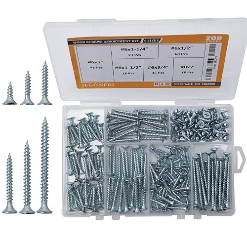 JEGONFRI 209PCS Wood Screw Assortment Kit, 6 Sizes Flat Head Phillips | Great for Home Improvement, Sturdy Steel, Rustproof, Handy Storage Case, Sizes: 2",1-1/2",1-1/4",1",3/4",1/2"