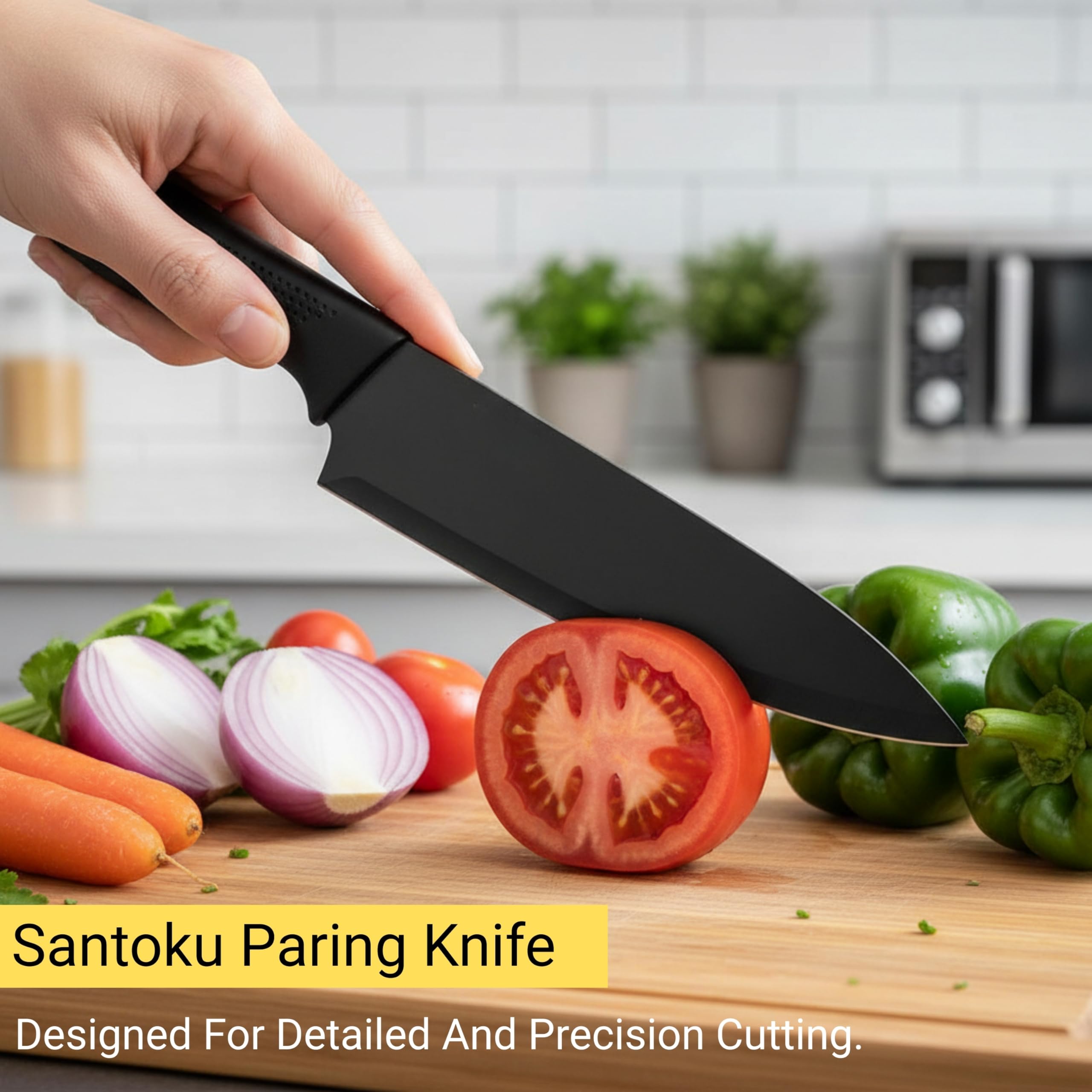 HEXONIQ® Stainless Steel Kitchen Knife Set, Professional Chef Knife with Santoku Paring Knife Vegetable Cutting & Chopping Sharp Blade, Ergonomic Handy Handle for Kitchen, Restaurant, Black, Pack of 2