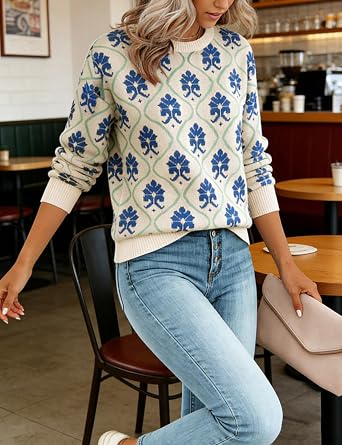 Yeokou Women Floral Sweater Crewneck Long Sleeve Knit Print Pullover Casual Chunky Knitwear